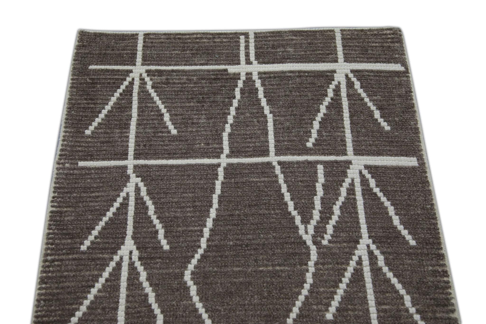Contemporary Brown Modern Handmade Wool Tulu Runner in Geometric Design 2'10
