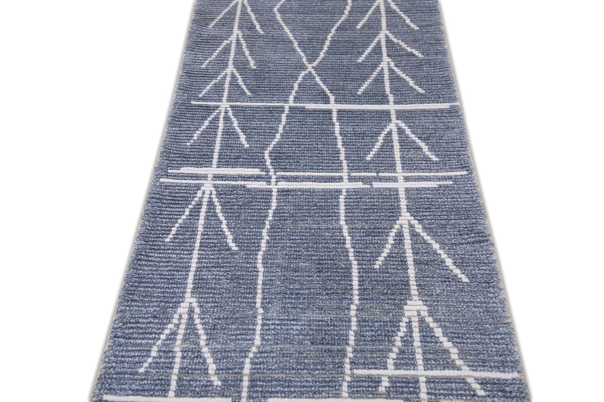 Contemporary Blue Modern Handmade Wool Tulu Runner in Geometric Design 2'10