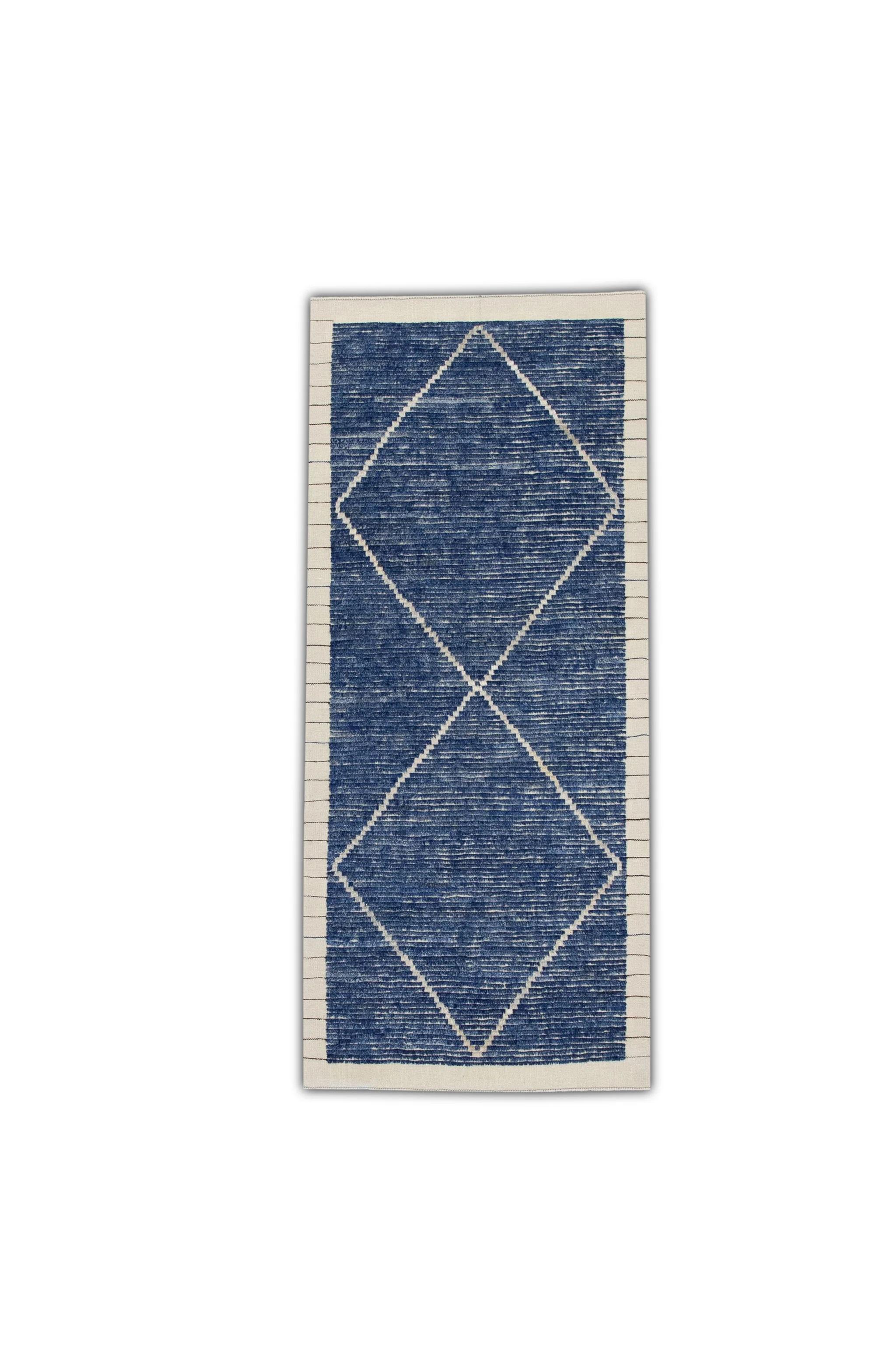 Blue Geometric Design Modern Handmade Wool Tulu Runner 3'1