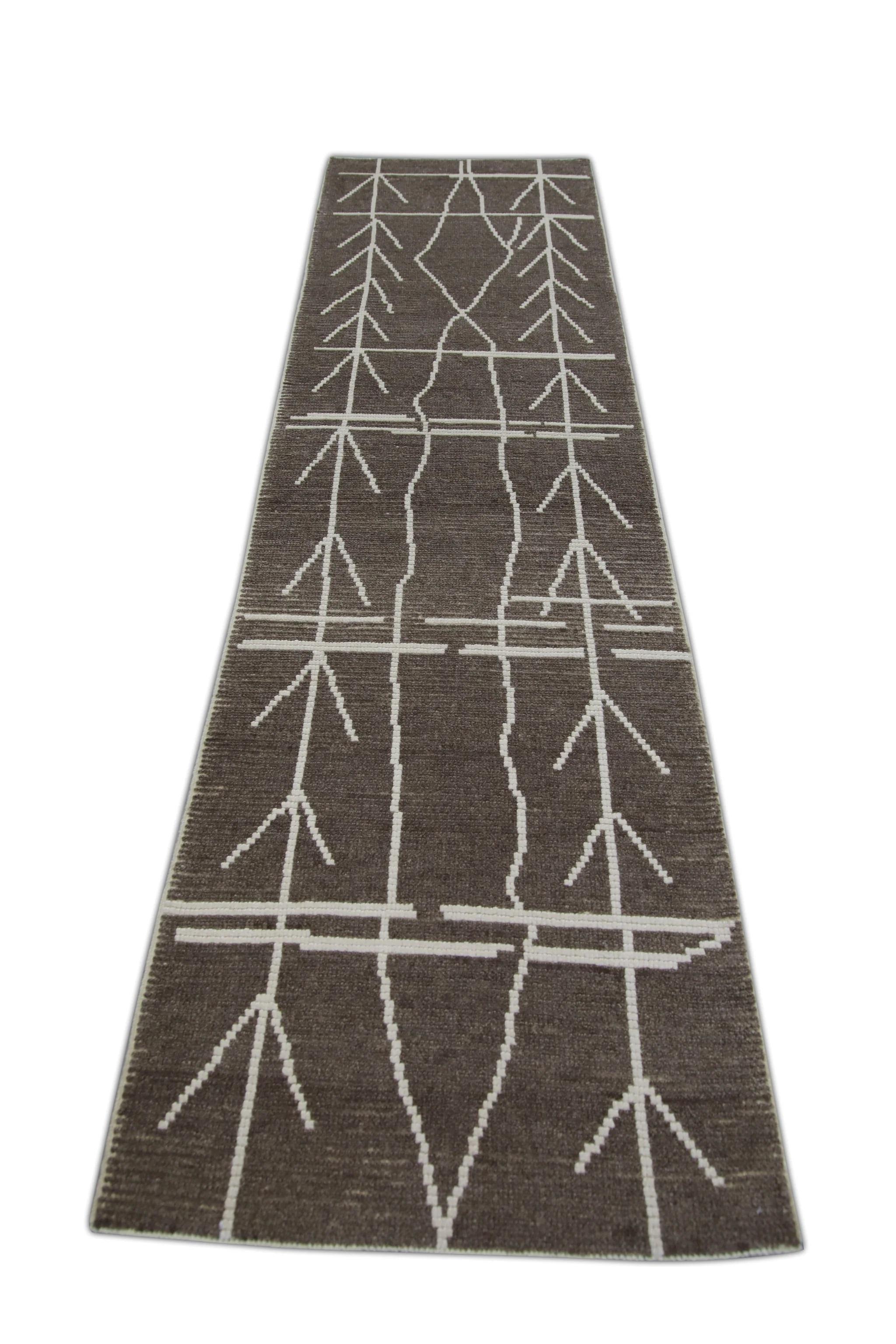 Brown Modern Handmade Wool Tulu Runner in Geometric Design 2'10