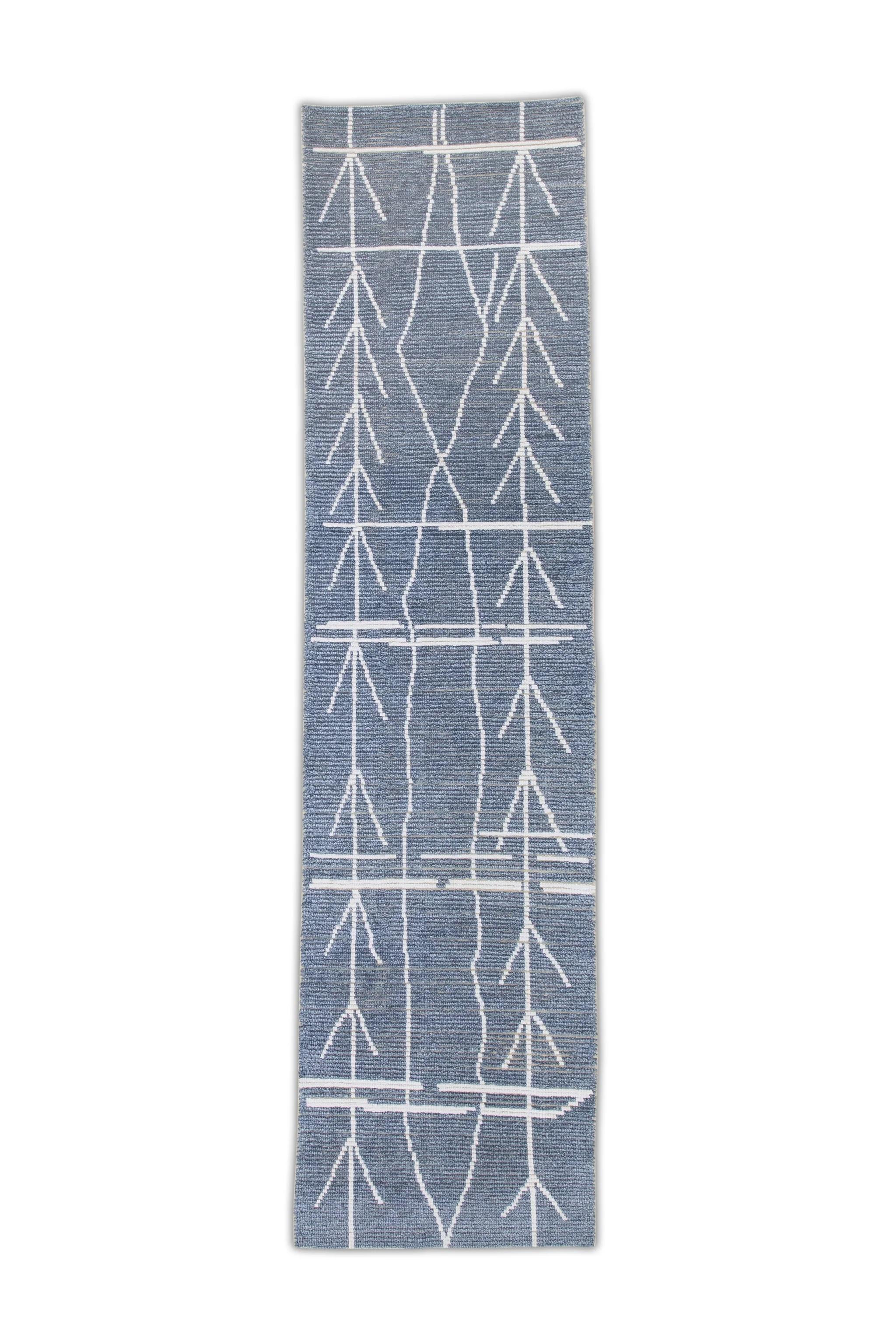 Blue Modern Handmade Wool Tulu Runner in Geometric Design 2'10
