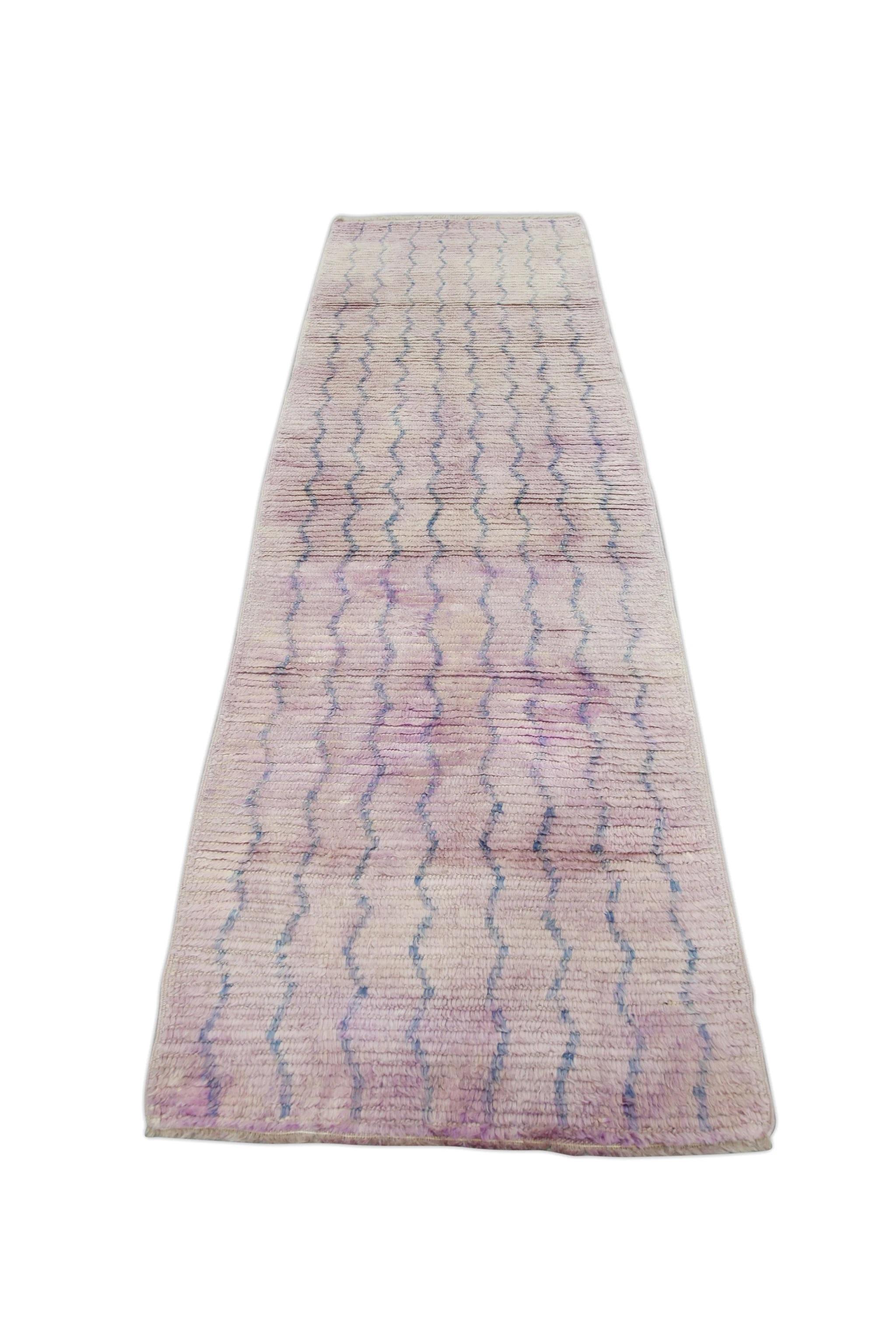 Modern Handmade Wool Tulu Runner in Pink and Blue Geometric Design 2'11