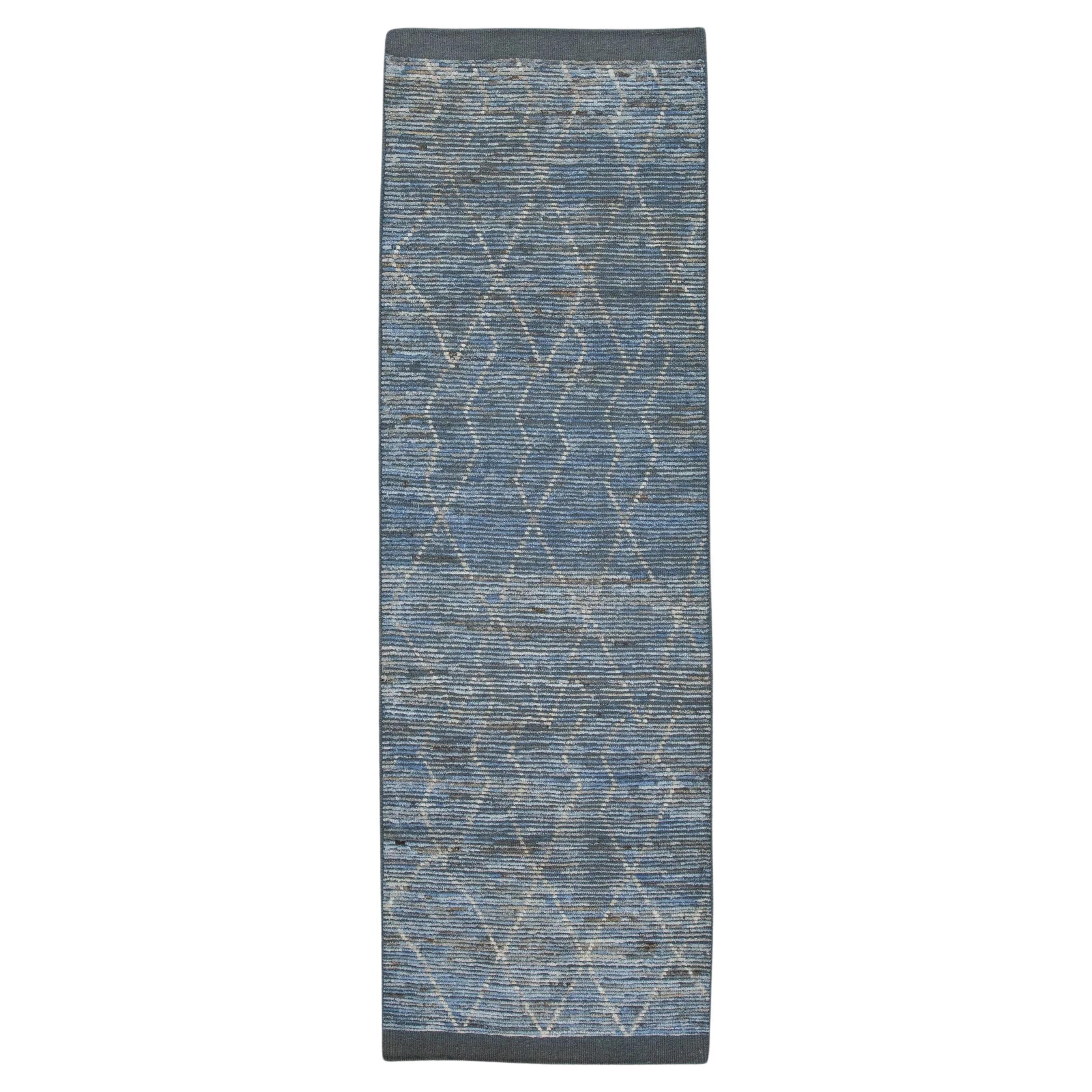Moderner handgefertigter Tulu-Läufer aus Wolle in Braun und Blau mit geometrischem Design 2'9" x 8'7"
