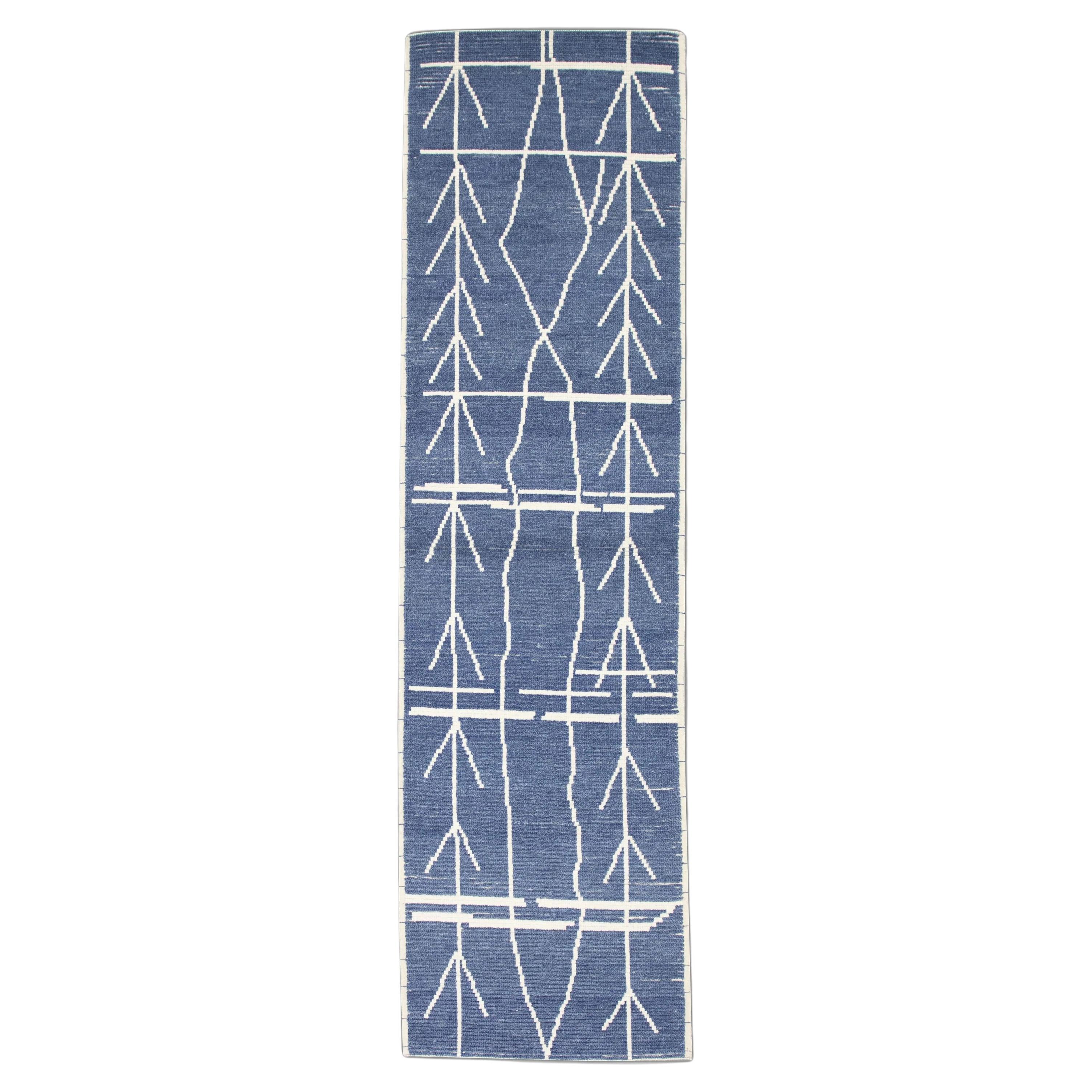 Blue Geometric Design Modern Handmade Wool Tulu Runner 2'10" x 10'3"
