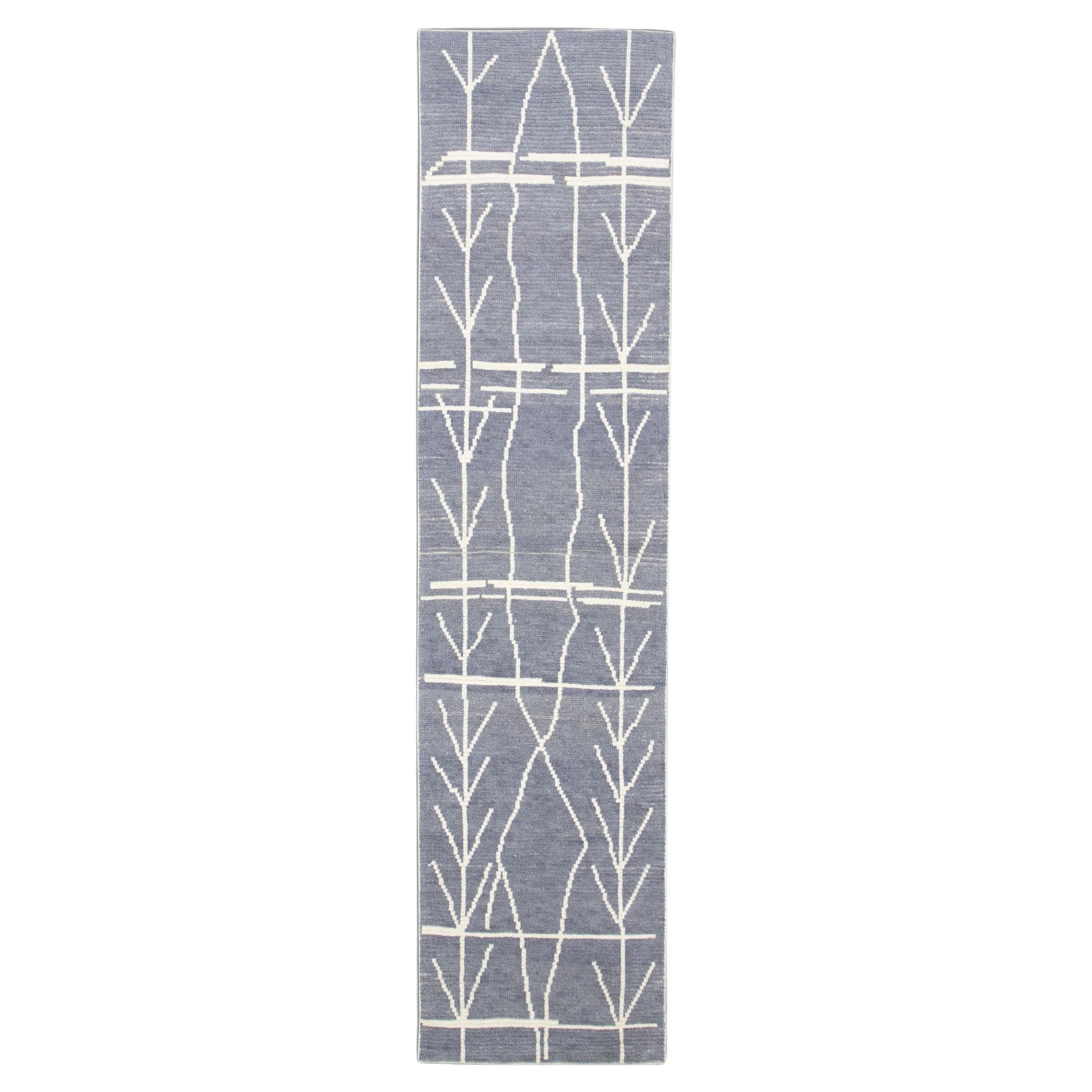 Blue-Gray Geometric Design Modern Handmade Wool Tulu Runner 2'6" x 10'4"