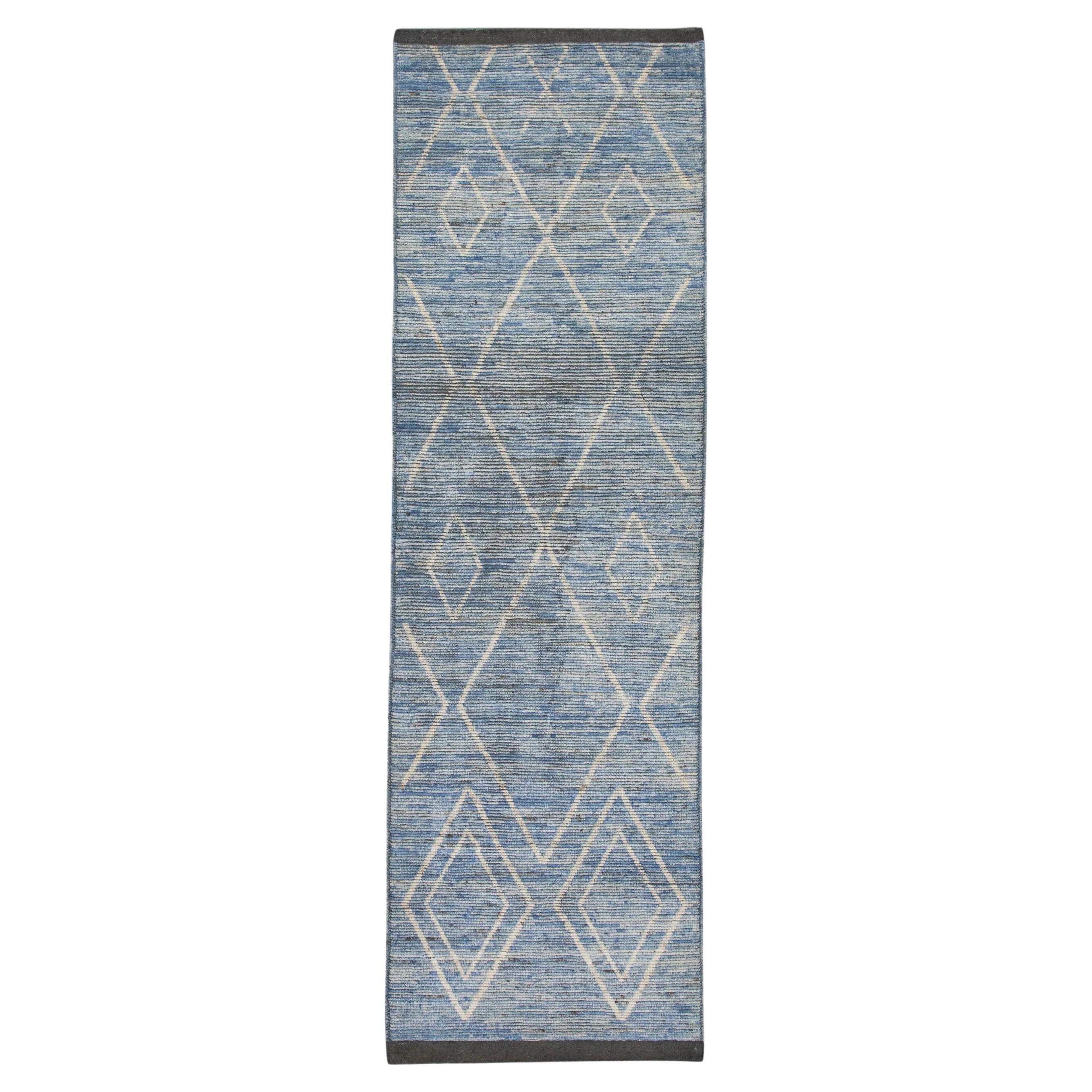 Brown and Blue Geometric Design Modern Handmade Wool Tulu Runner 3'2" X 10'2" For Sale