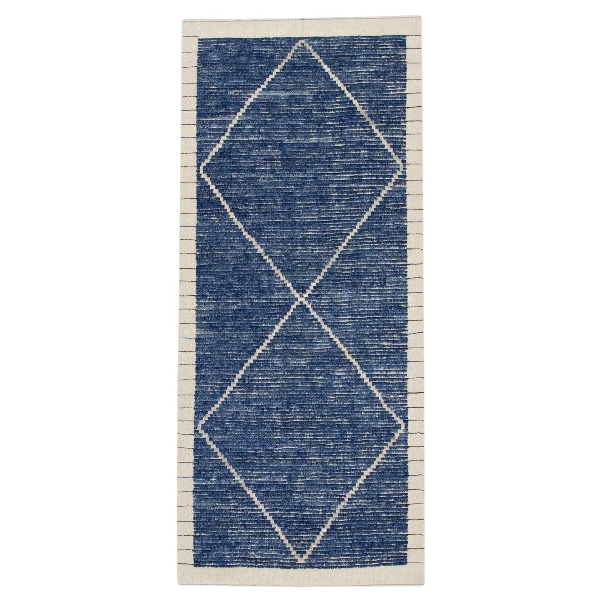 Blue Geometric Design Modern Handmade Wool Tulu Runner 3'1" X 6'5"