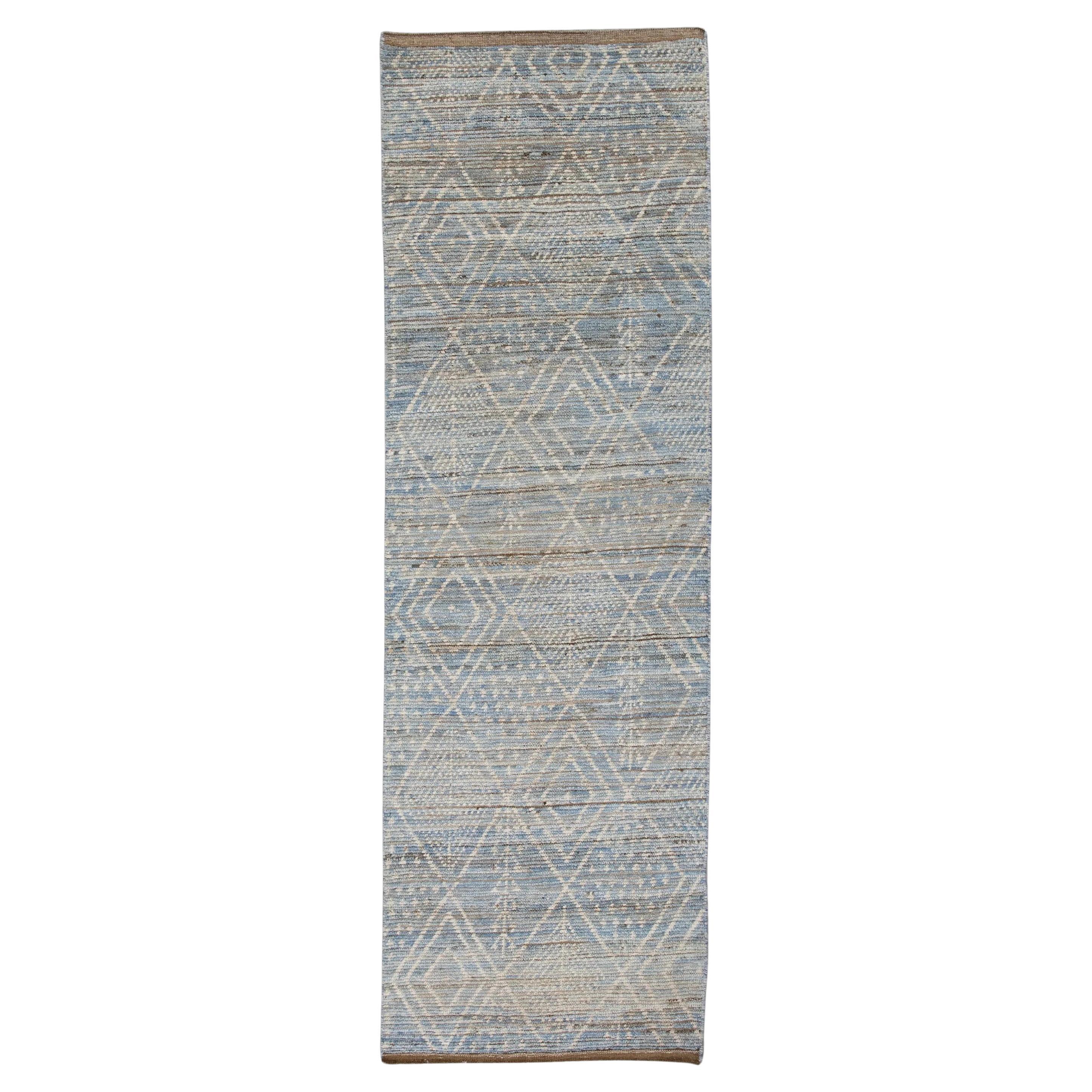 Brown and Blue Geometric Design Modern Handmade Wool Tulu Runner 2'9" X 9'7"