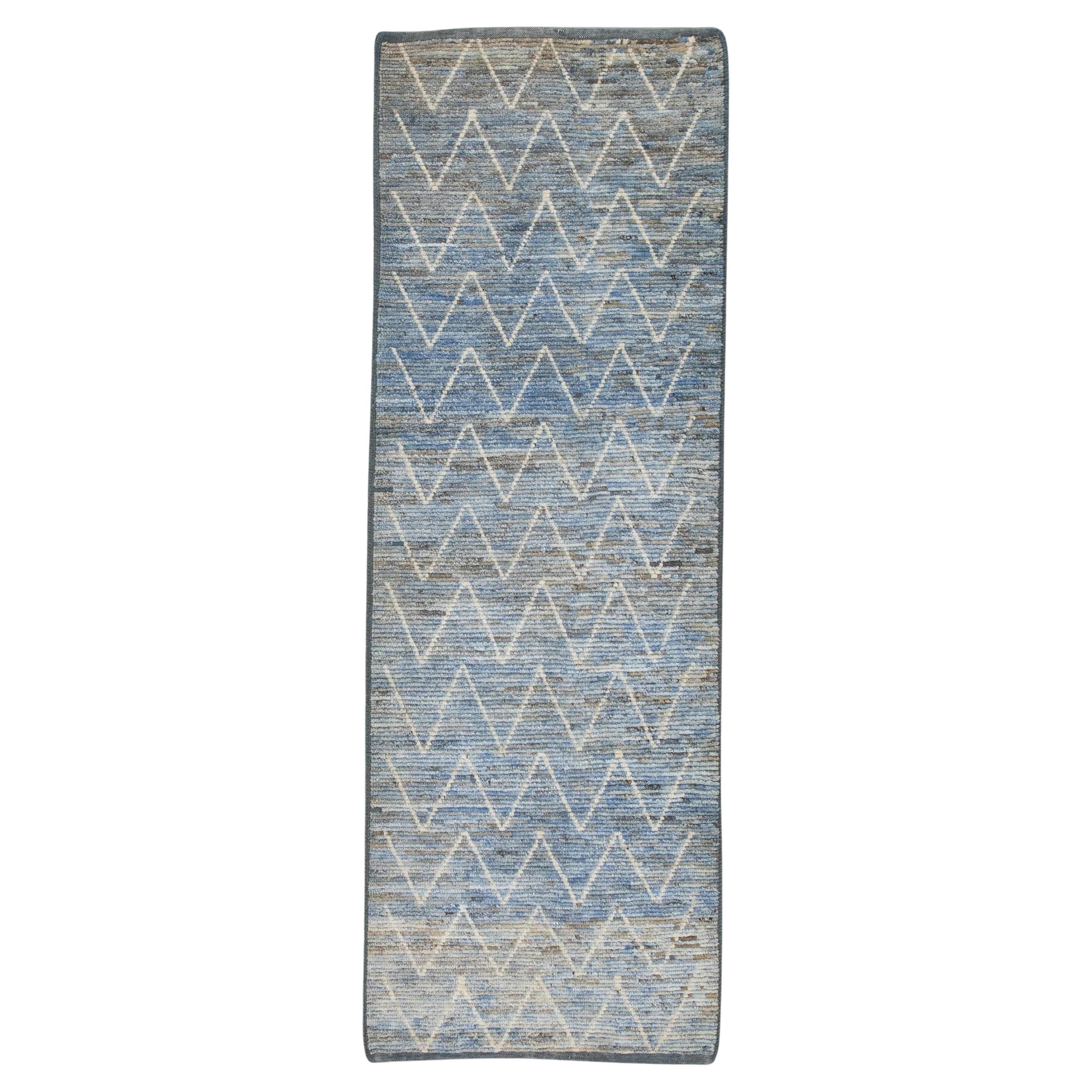 Brown and Blue Geometric Design Modern Handmade Wool Tulu Runner 2'9" x 8'1"