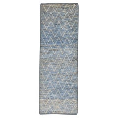 Alfombra Tulu de Lana Marrón y Azul de Diseño Geométrico Moderno Hecho a Mano 2'9" x 8'1