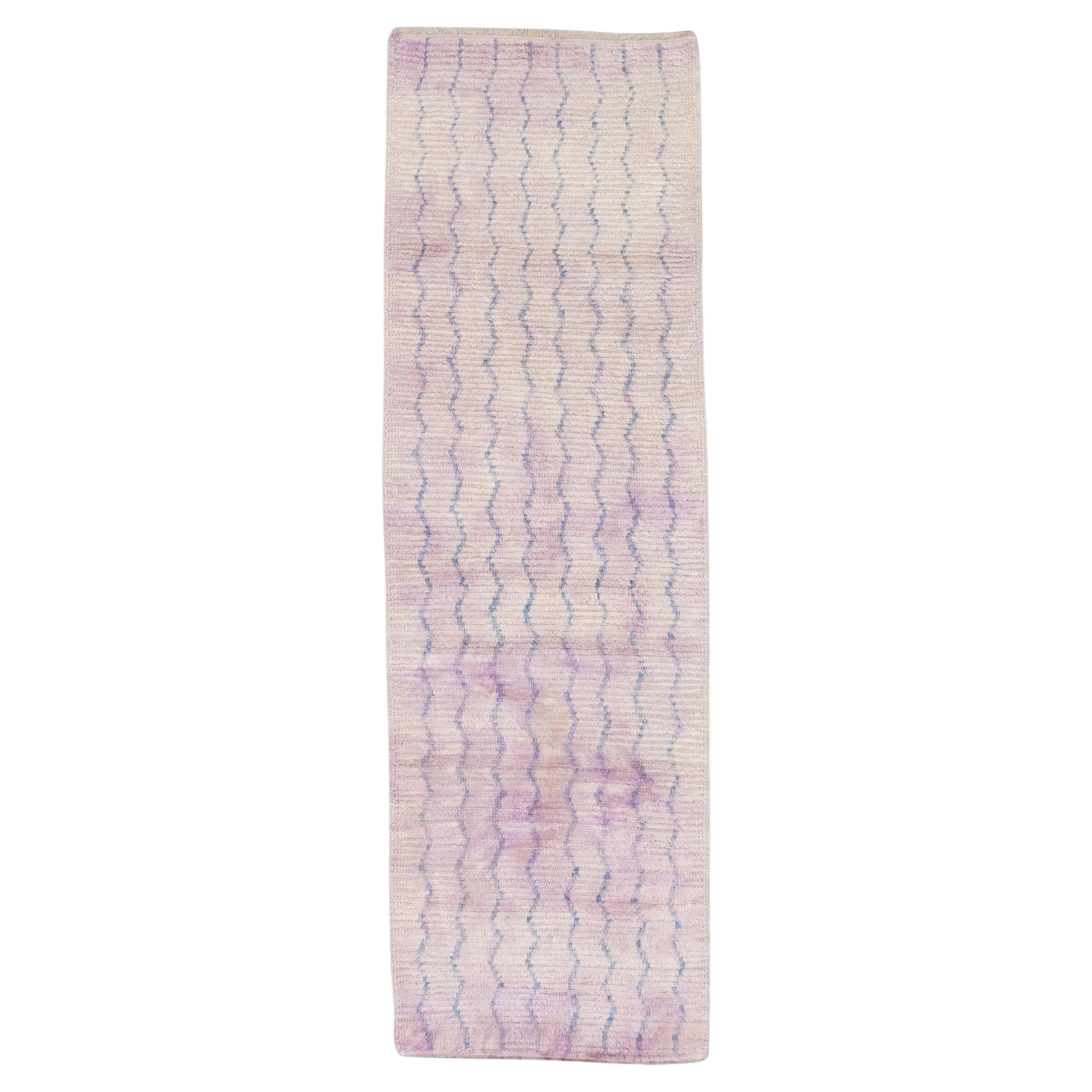 Modern Handmade Wool Tulu Runner in Pink and Blue Geometric Design 2'11" X 9'4" For Sale