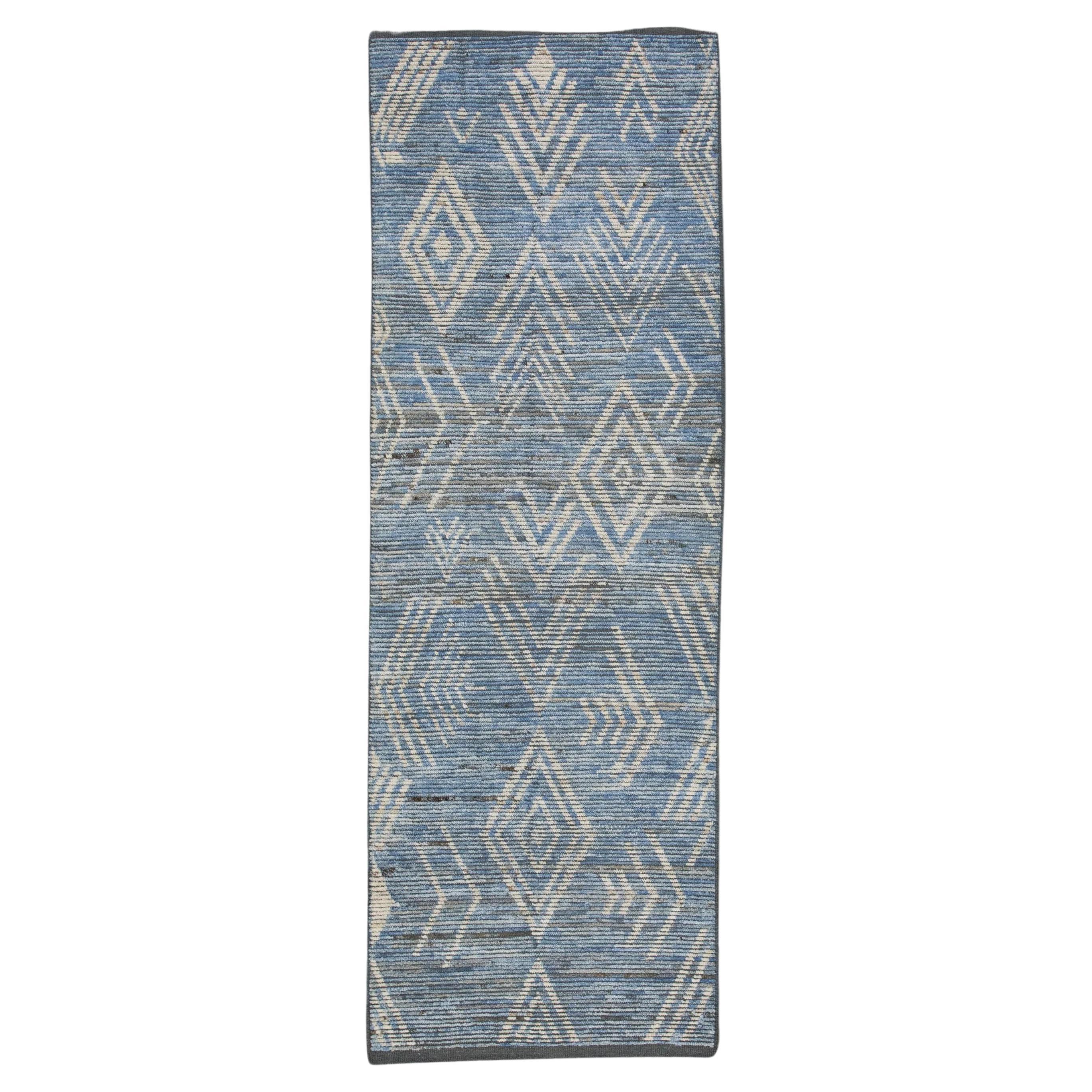 Brown and Blue Geometric Design Modern Handmade Wool Tulu Runner 2'10" X 8'2" For Sale