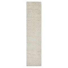 White and Blue Geometric Design Modern Handmade Wool Tulu Runner 3' x 13'1"