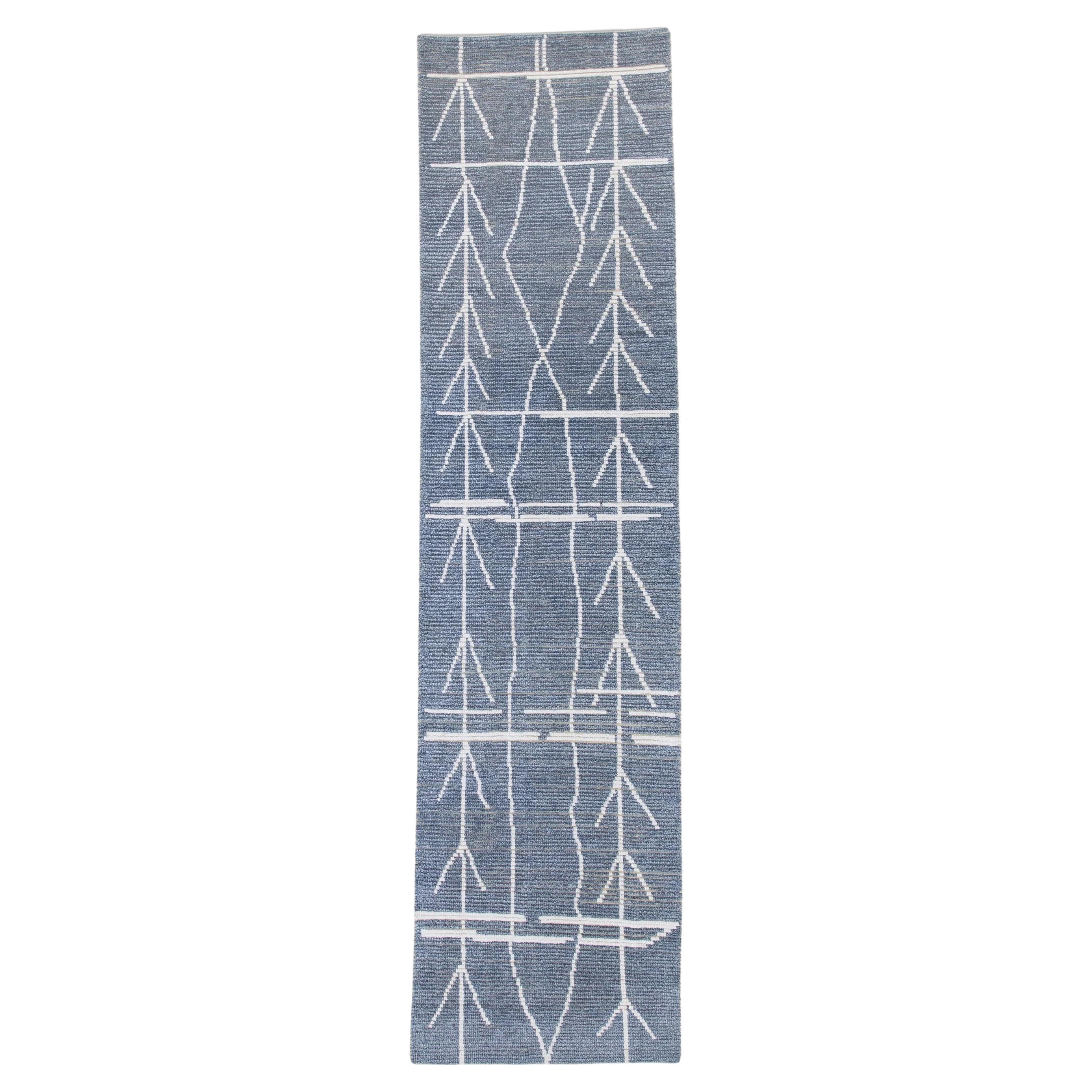 Blue Modern Handmade Wool Tulu Runner in Geometric Design 2'10" x 11' For Sale