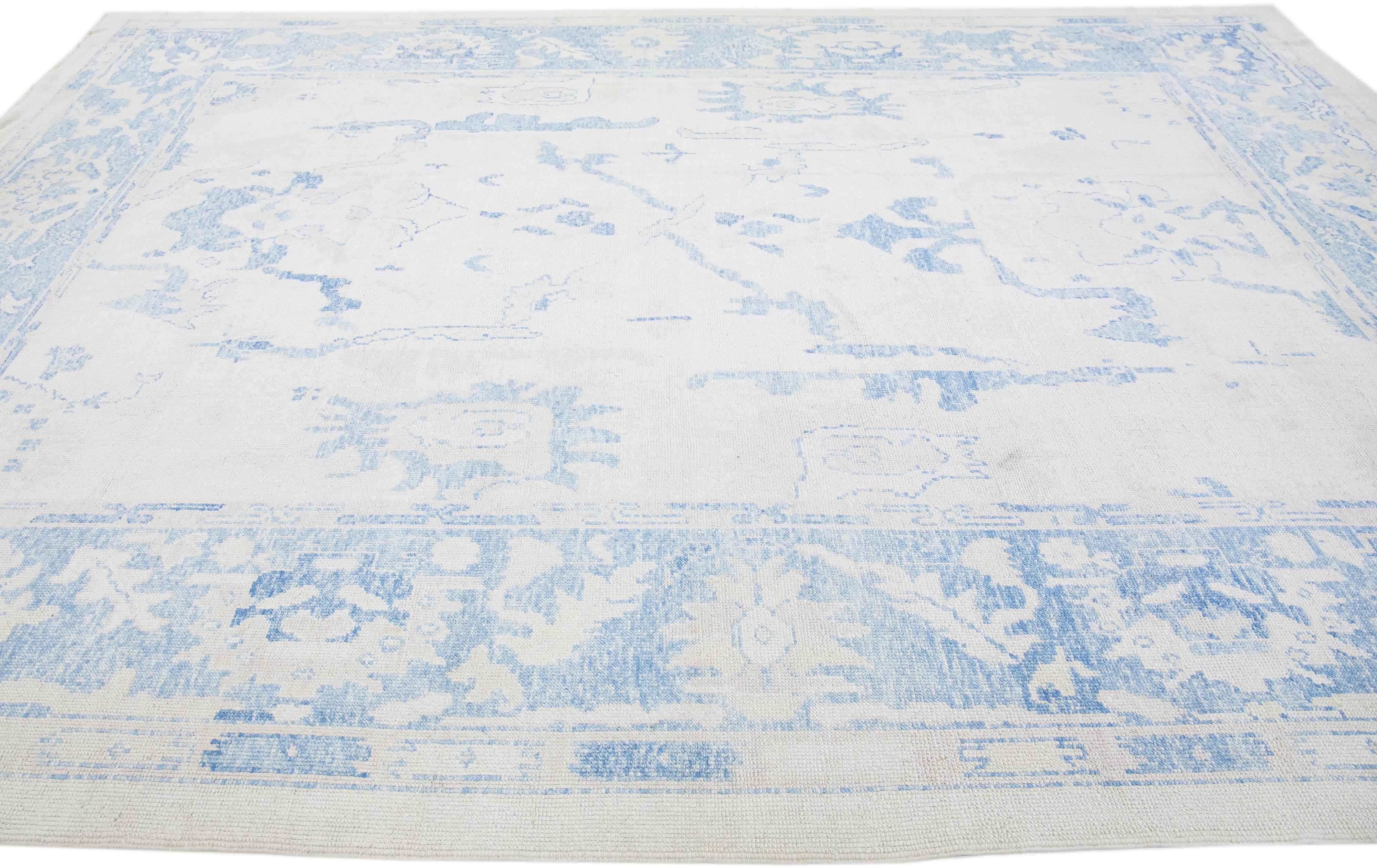 Contemporary Modern Handmade Turkish Oushak Beige Floral Wool Rug For Sale