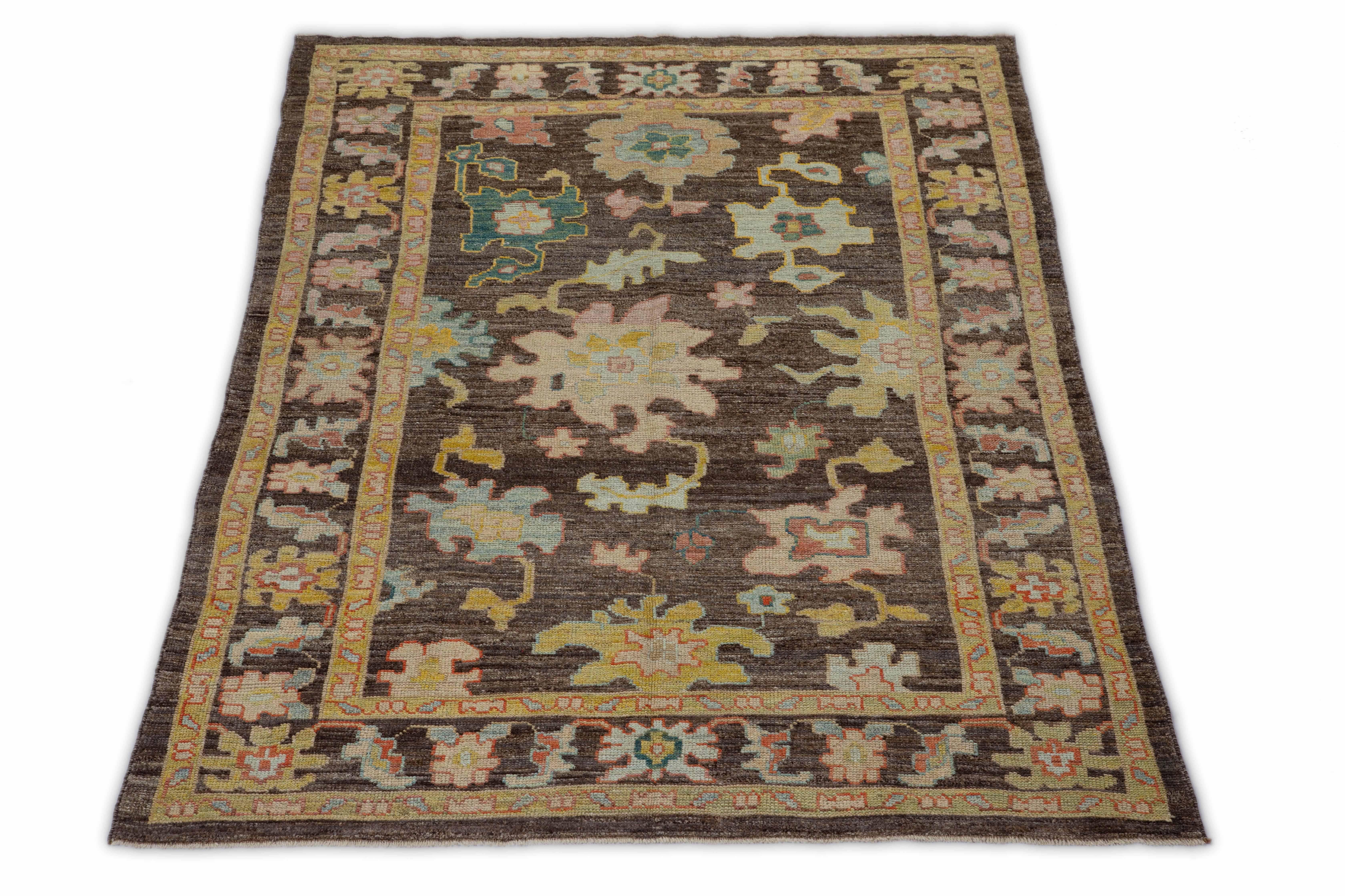 Persian Modern Handmade Turkish Rug Oushak Weave with ‘Chocolate and Flowers’ Design For Sale