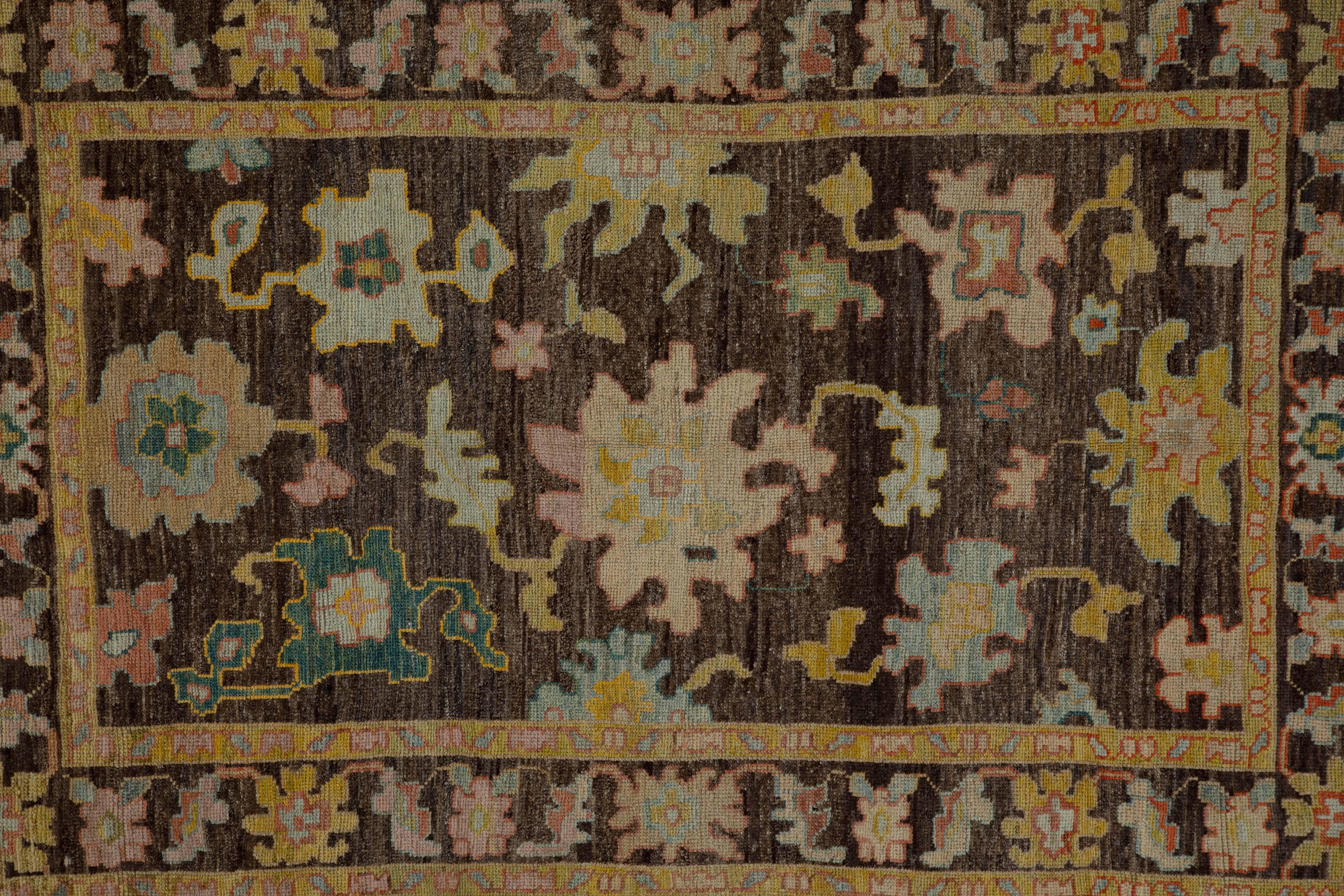 Hand-Woven Modern Handmade Turkish Rug Oushak Weave with ‘Chocolate and Flowers’ Design For Sale