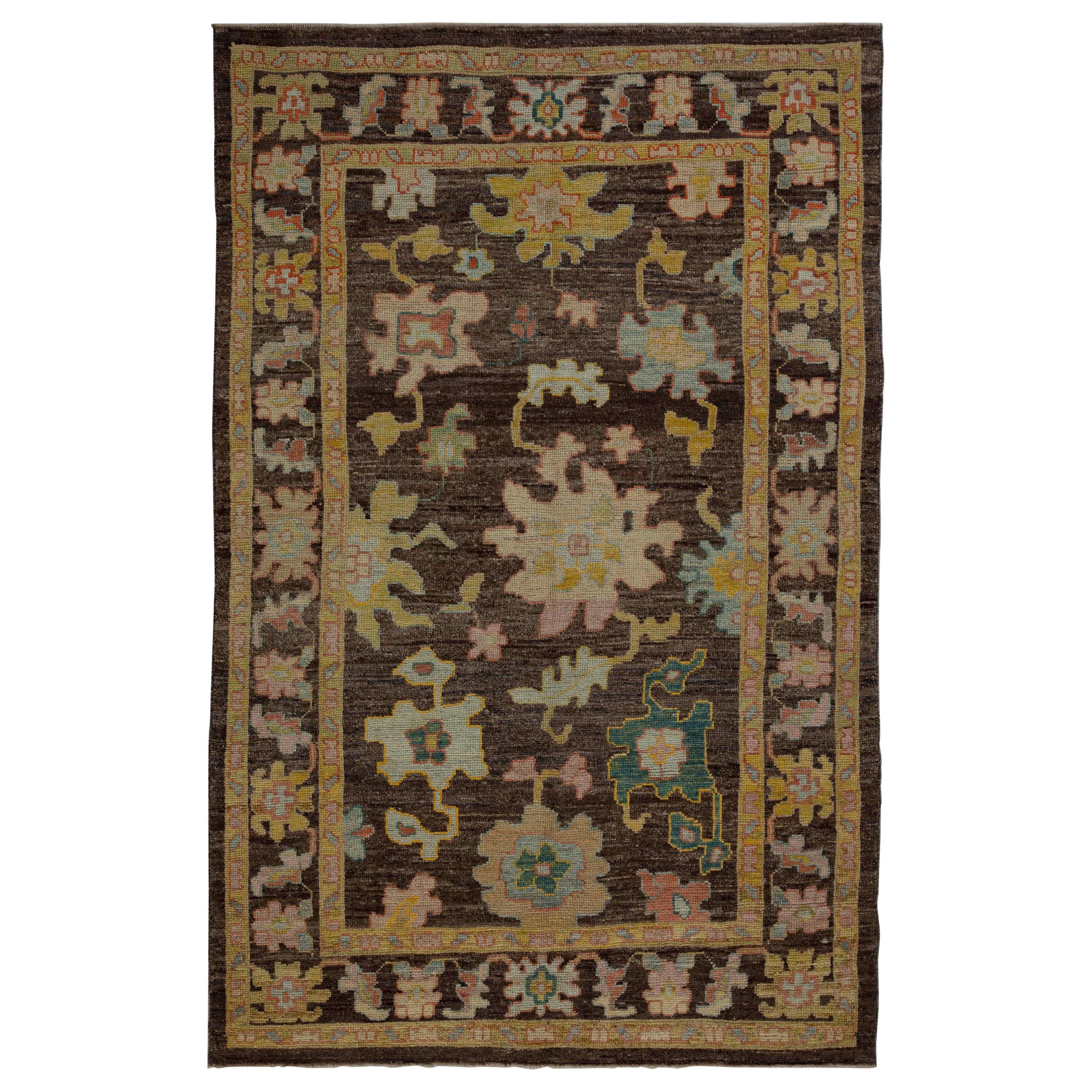 Modern Handmade Turkish Rug Oushak Weave with ‘Chocolate and Flowers’ Design For Sale