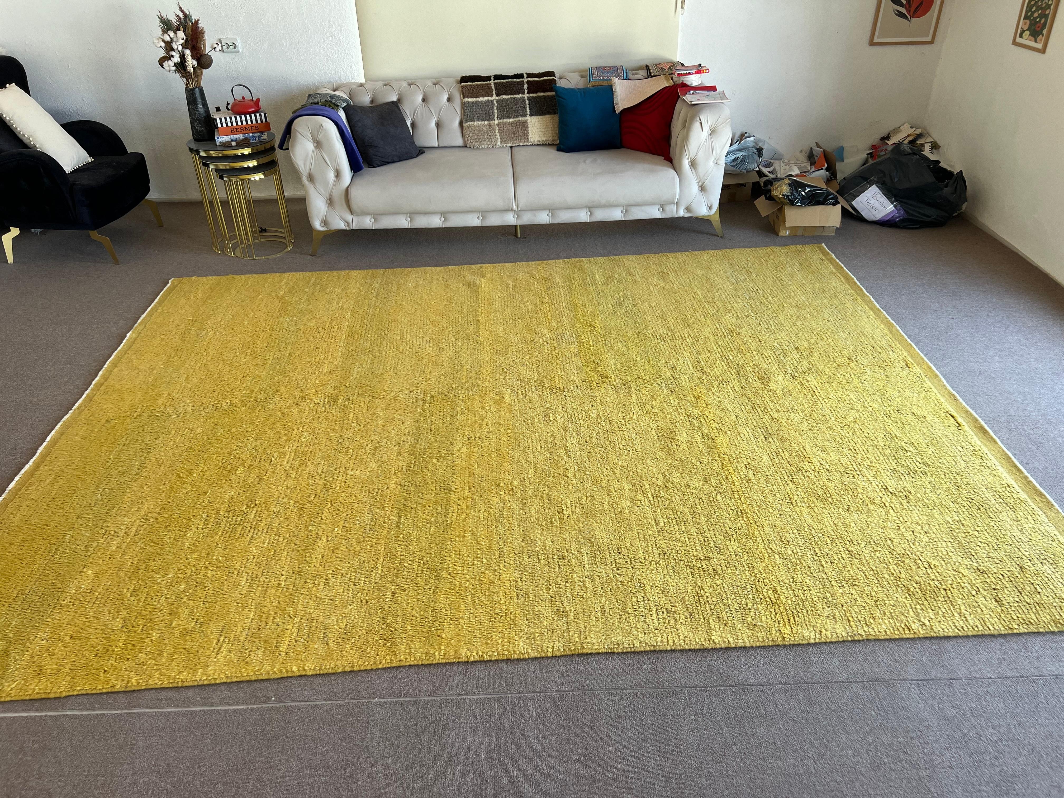 Contemporary Modern Handmade Turkish Tulu Rug in Solid Yellow Color, Custom Options Available For Sale