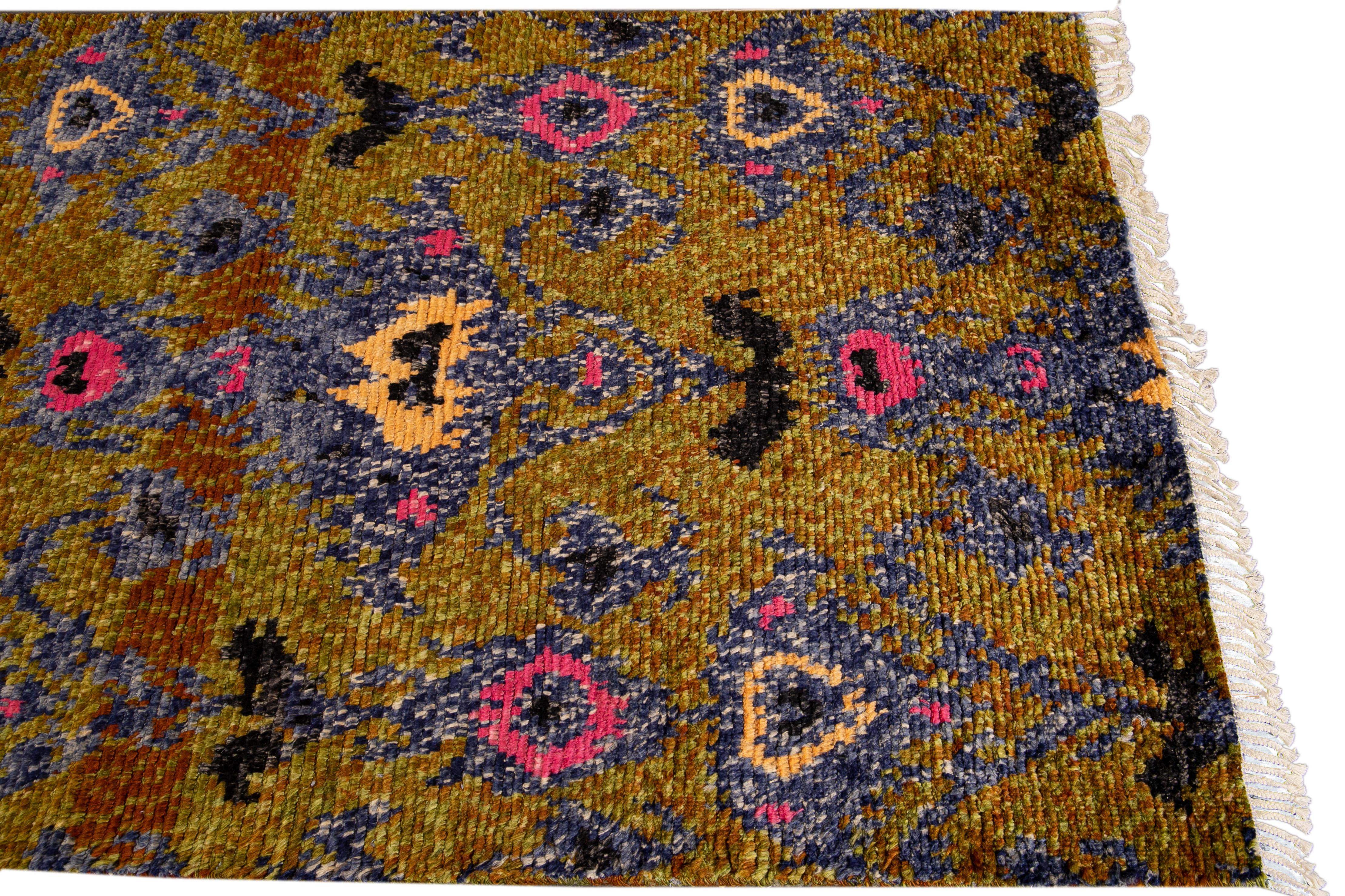 Hand-Knotted Modern Handmade Yellow Designed Wool Runner For Sale