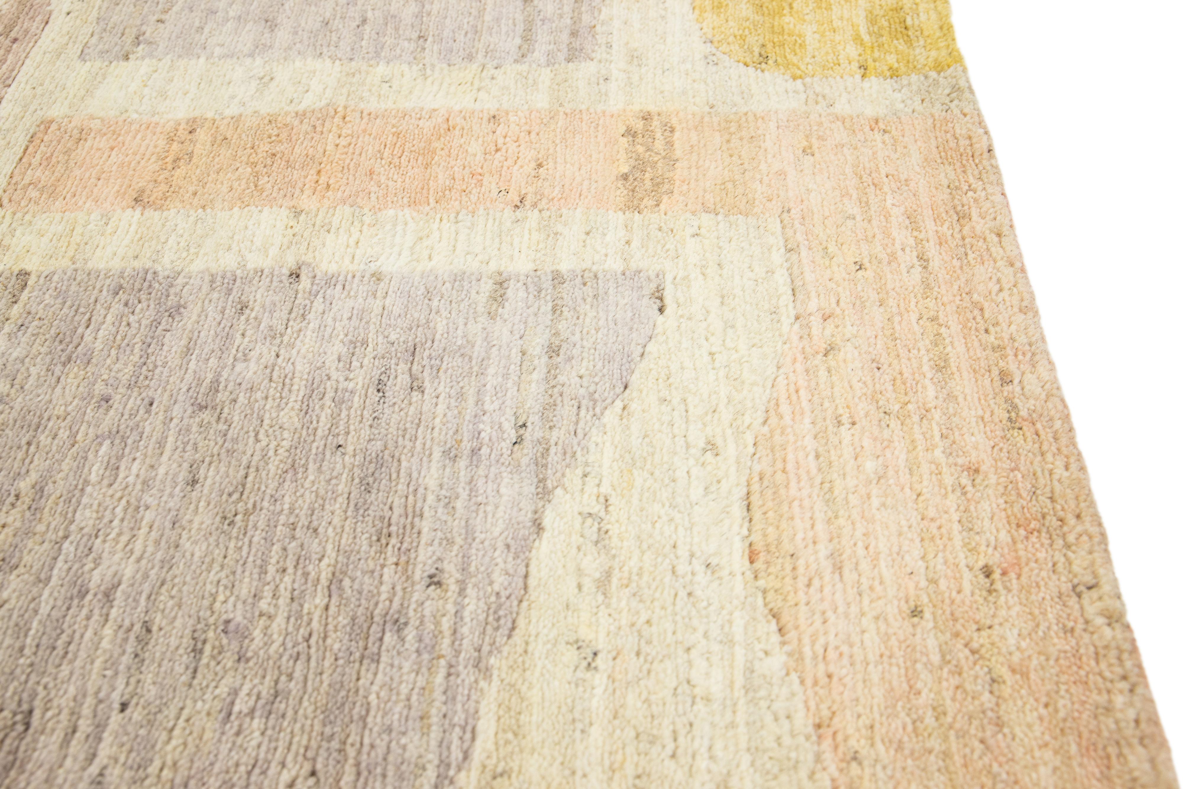 Indian Modern Handmade Yellow & Peach Abstract Custom Wool Rug For Sale