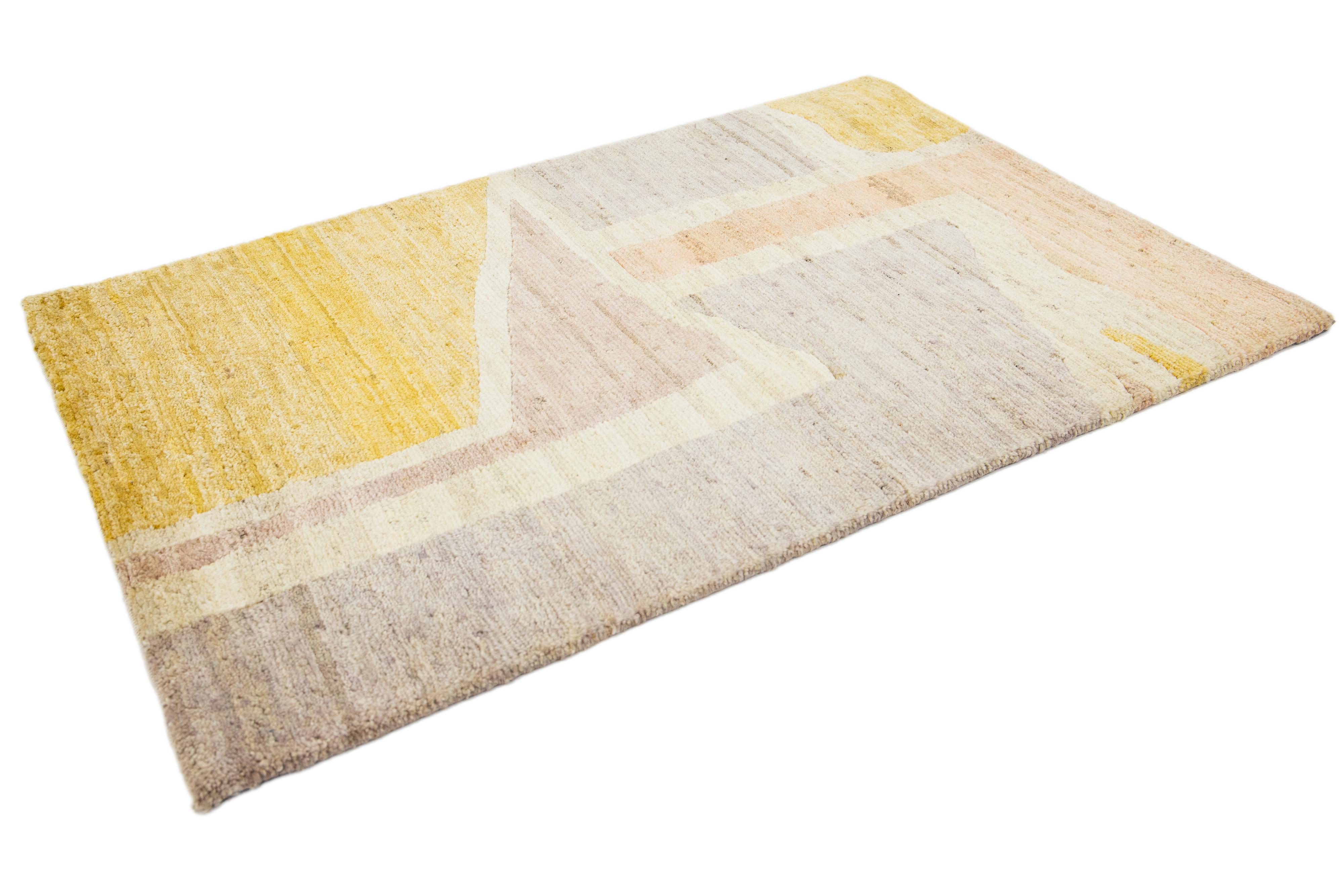 Hand-Knotted Modern Handmade Yellow & Peach Abstract Custom Wool Rug For Sale