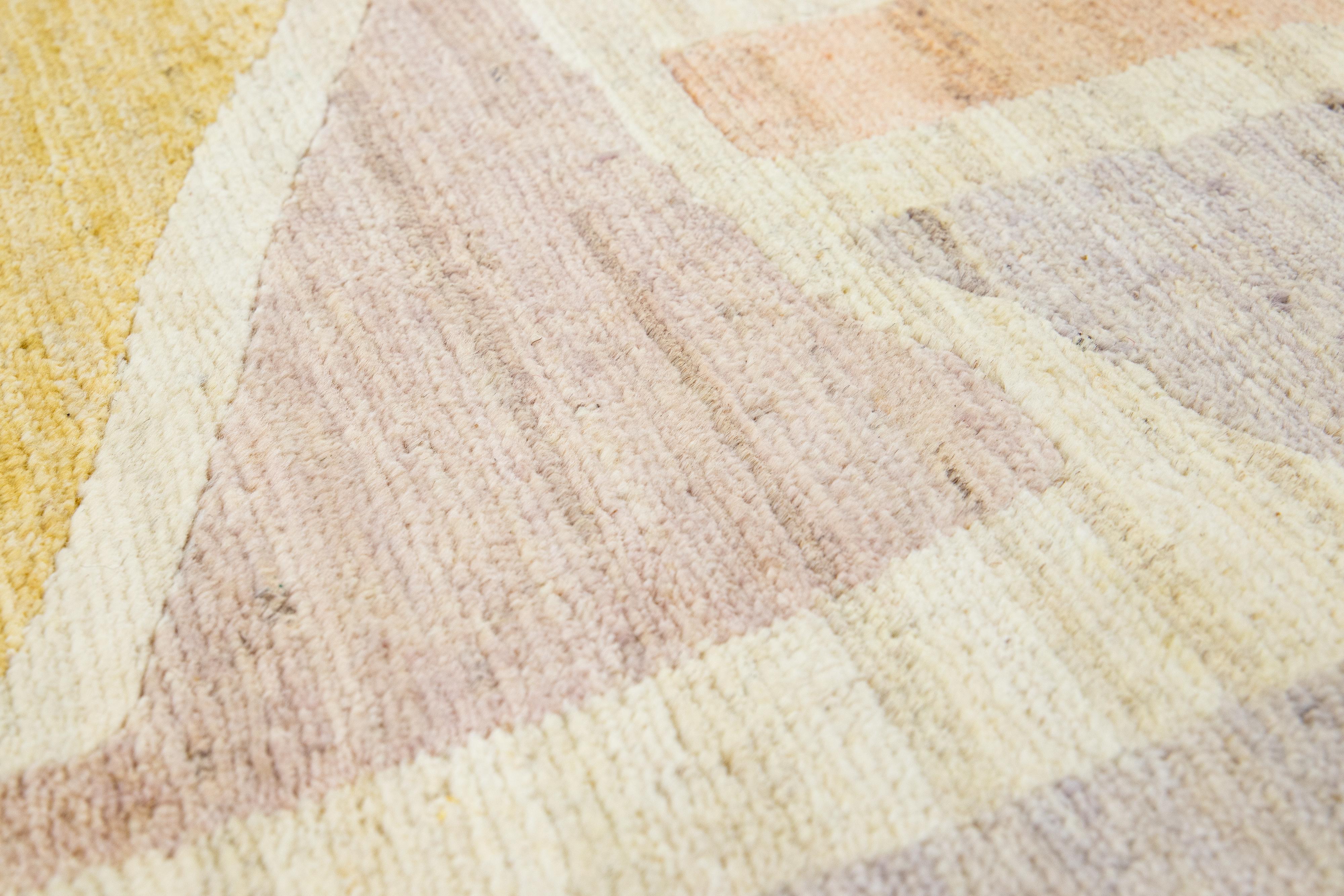 Modern Handmade Yellow & Peach Abstract Custom Wool Rug In New Condition For Sale In Norwalk, CT
