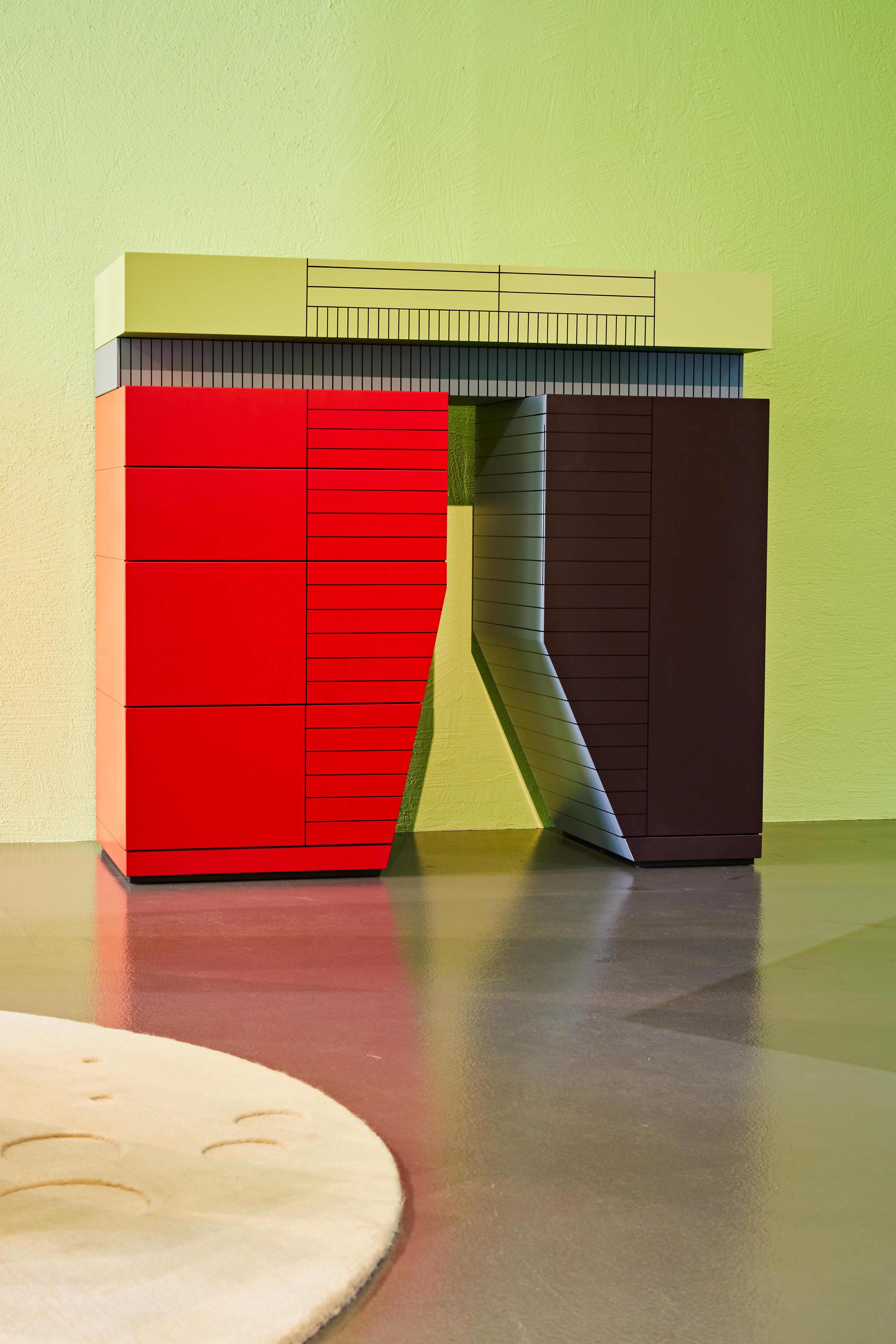 Storage/Chest of drawers with five drawers and a door with internal shelves. Handpainted hardwood structure embellished with hand-drawn graphic details designed by the author, protected with a clear matte scratchproof and waterproof