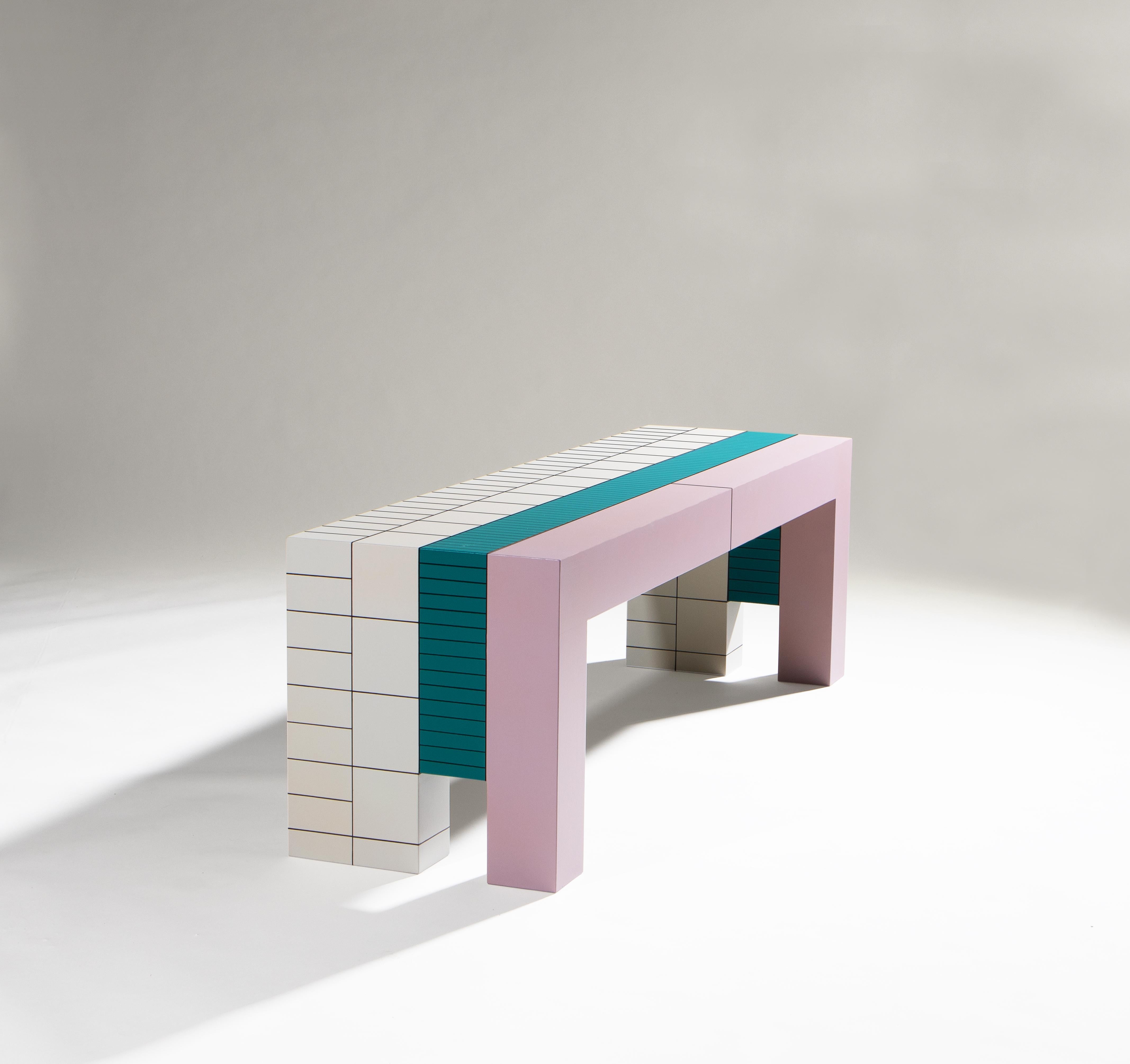 Seating and low table, interchangeable according to desire. Handpainted hardwood structure embellished with hand-drawn graphic details designed by the author, then protected with a clear matte scratchproof and waterproof varnish.

Shade of colors