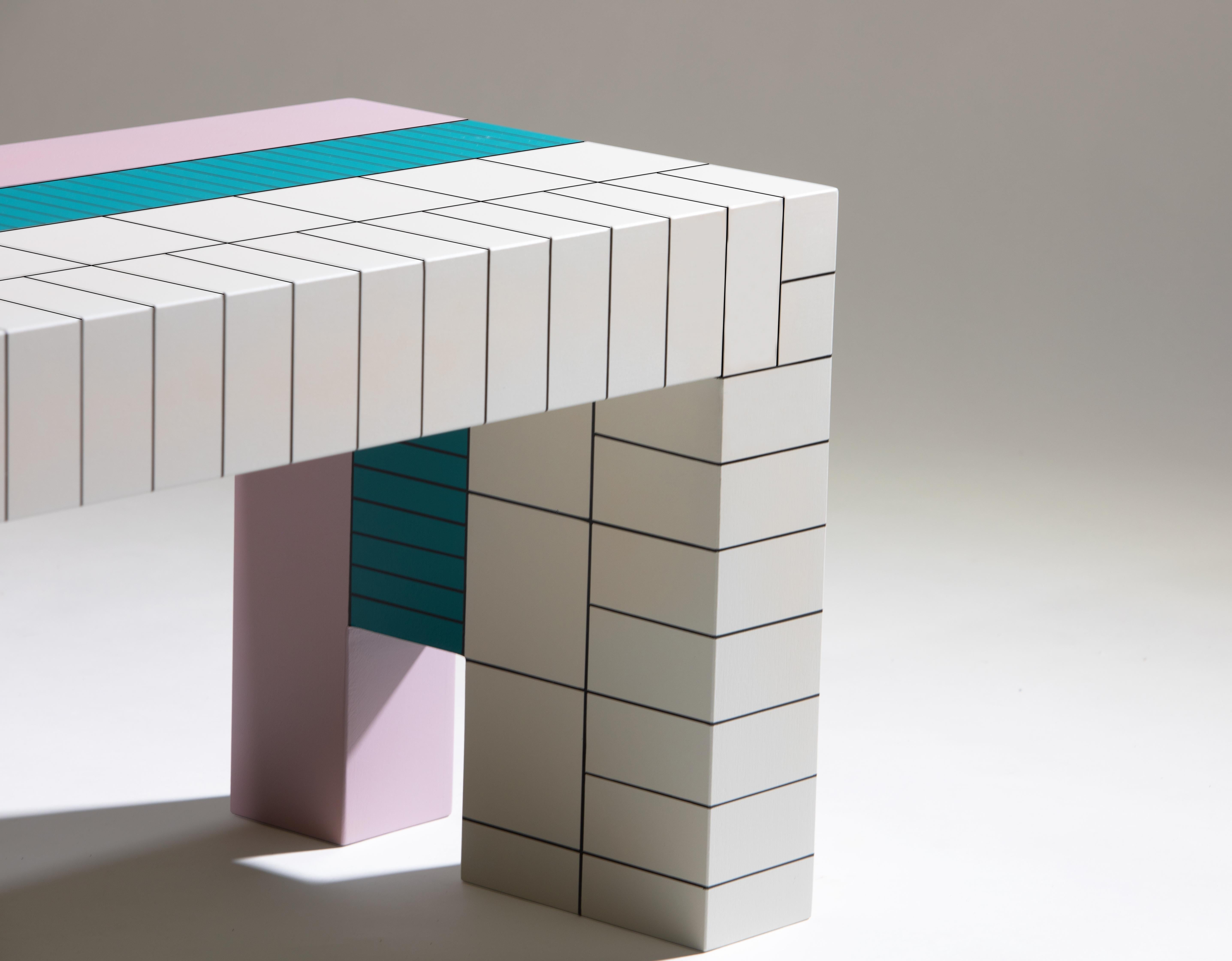 Italian Modern Handpainted Hardwood Bench Coffeetable Dilmos Colourful Geometric Graphic For Sale