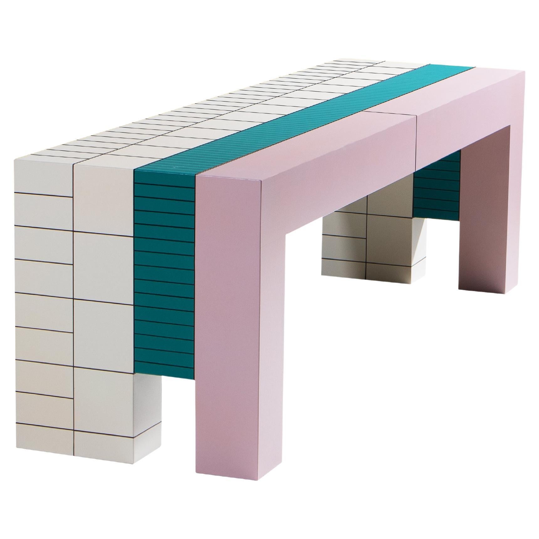 Modern Handpainted Hardwood Bench Coffeetable Dilmos Colourful Geometric Graphic For Sale
