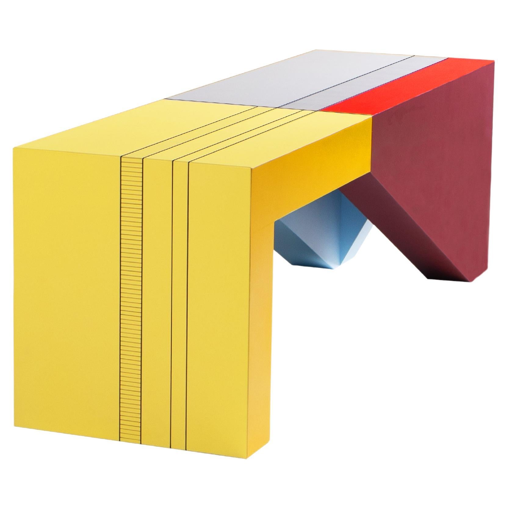 Modern Handpainted Hardwood Bench CoffeeTable Dilmos Colourful Geometric Graphic For Sale