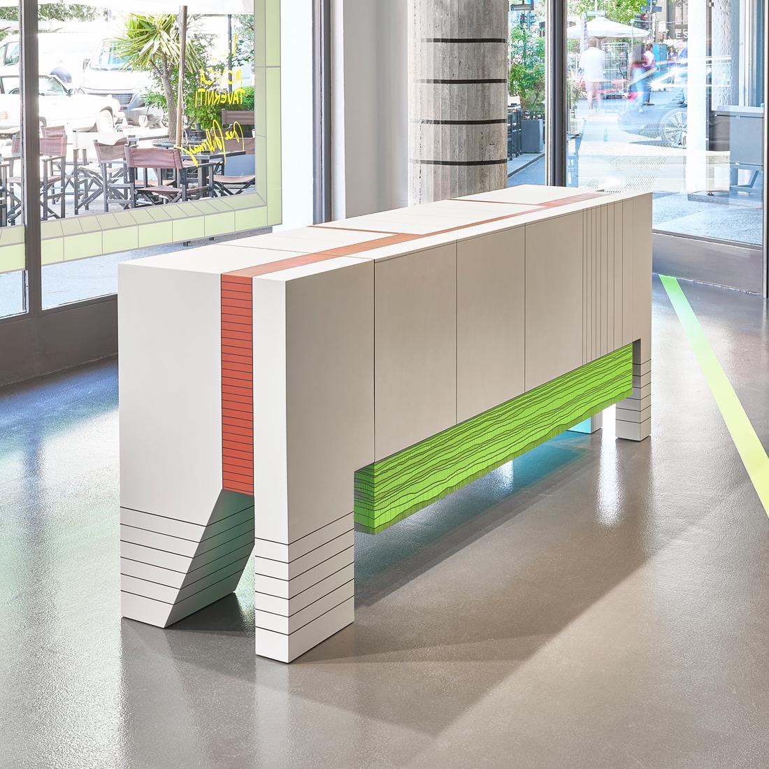 Italian Modern Handpainted Hardwood Cupboard Storage Dilmos Colourful Geometric Graphic For Sale
