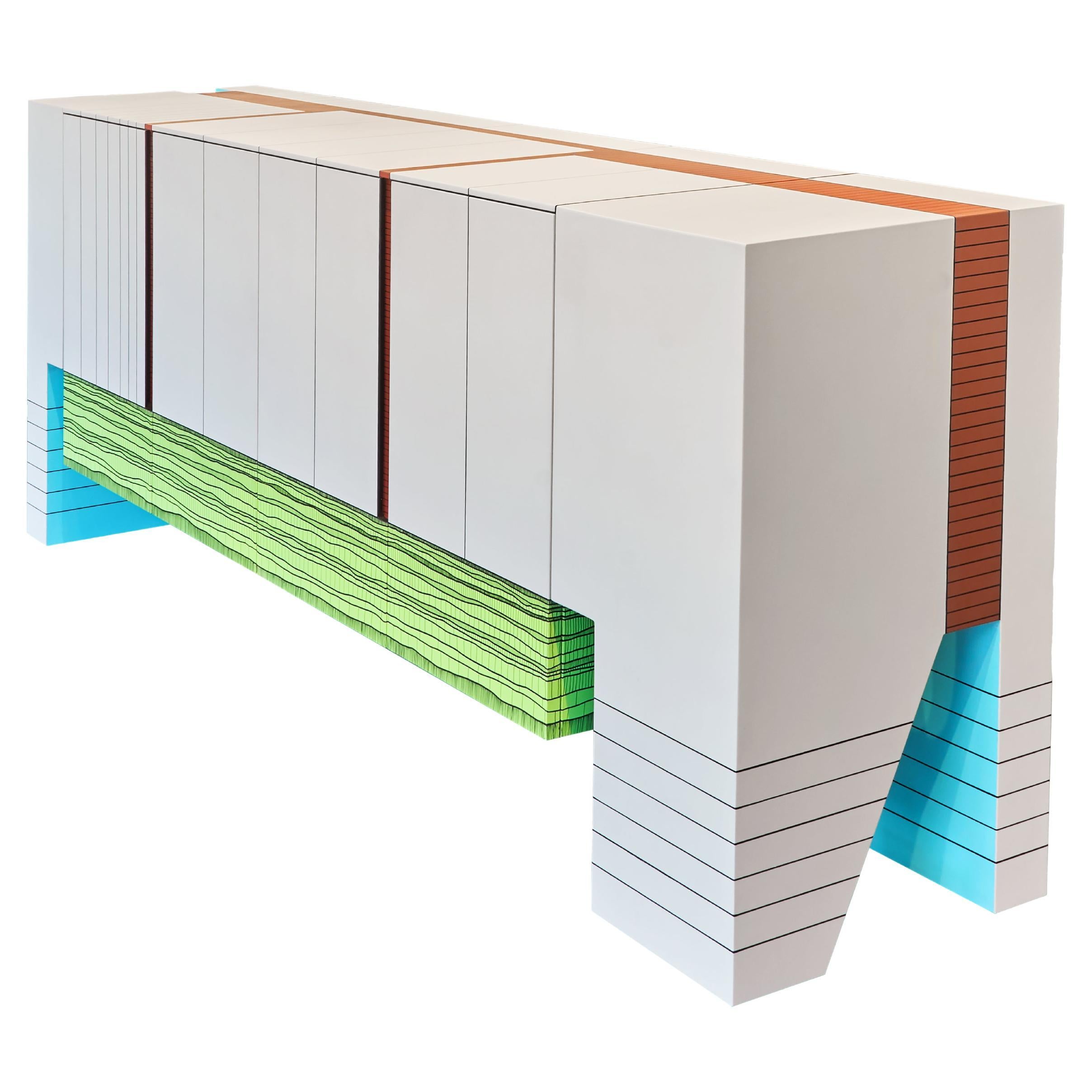 Modern Handpainted Hardwood Cupboard Storage Dilmos Colourful Geometric Graphic For Sale