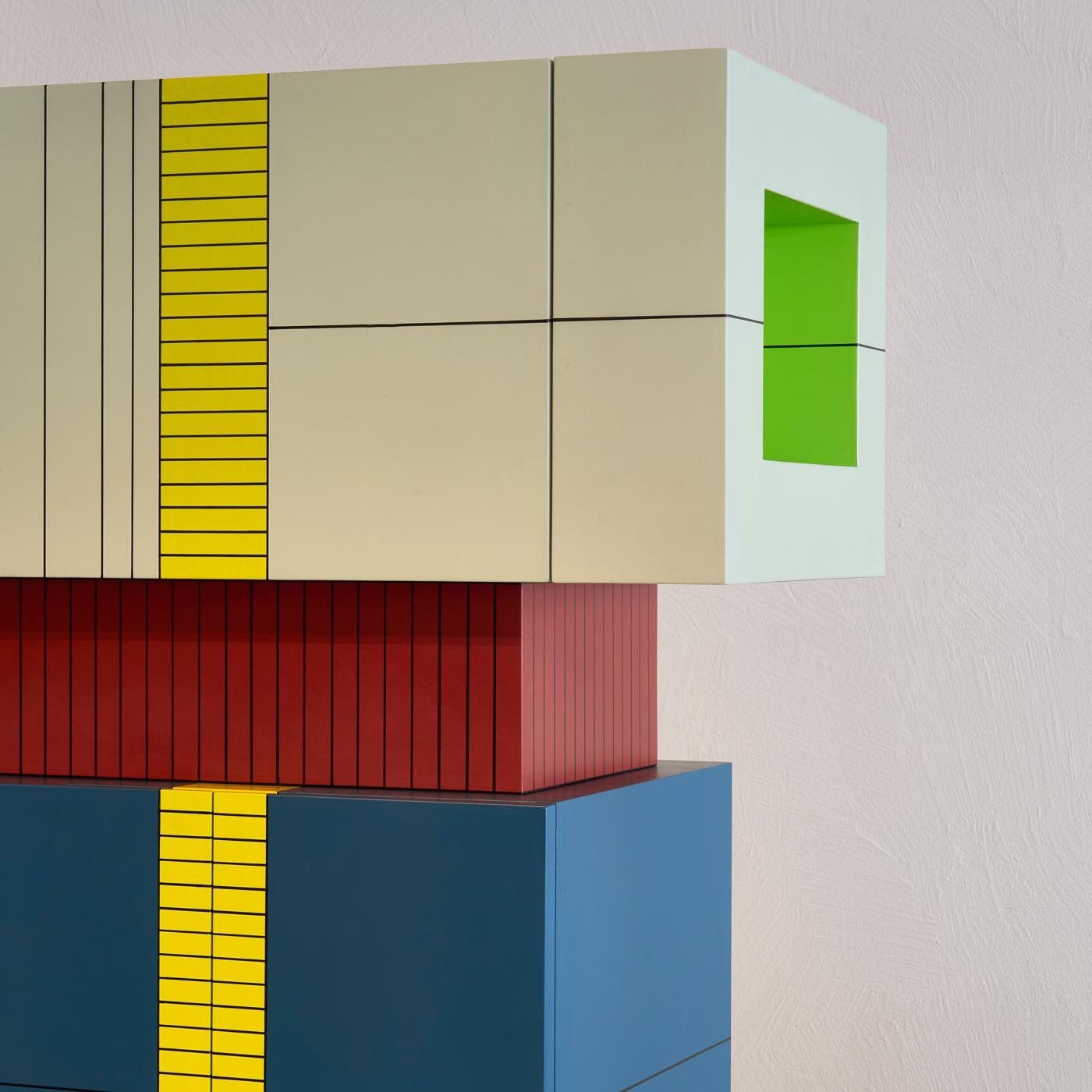 Italian Modern Handpainted Hardwood Tall Cabinet Storage Dilmos Colourful Geometric For Sale