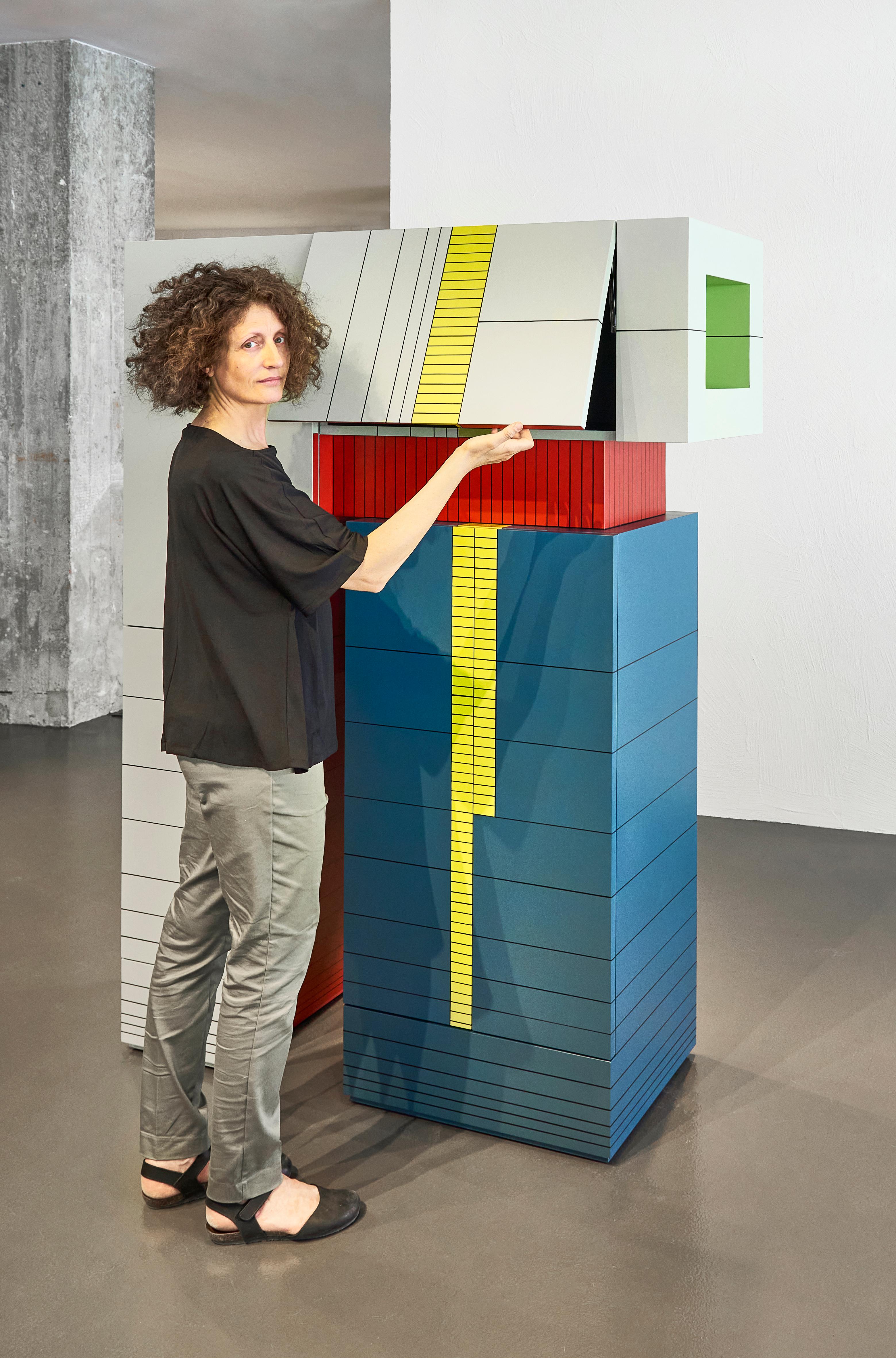 Modern Handpainted Hardwood Tall Cabinet Storage Dilmos Colourful Geometric In New Condition For Sale In Milan, IT