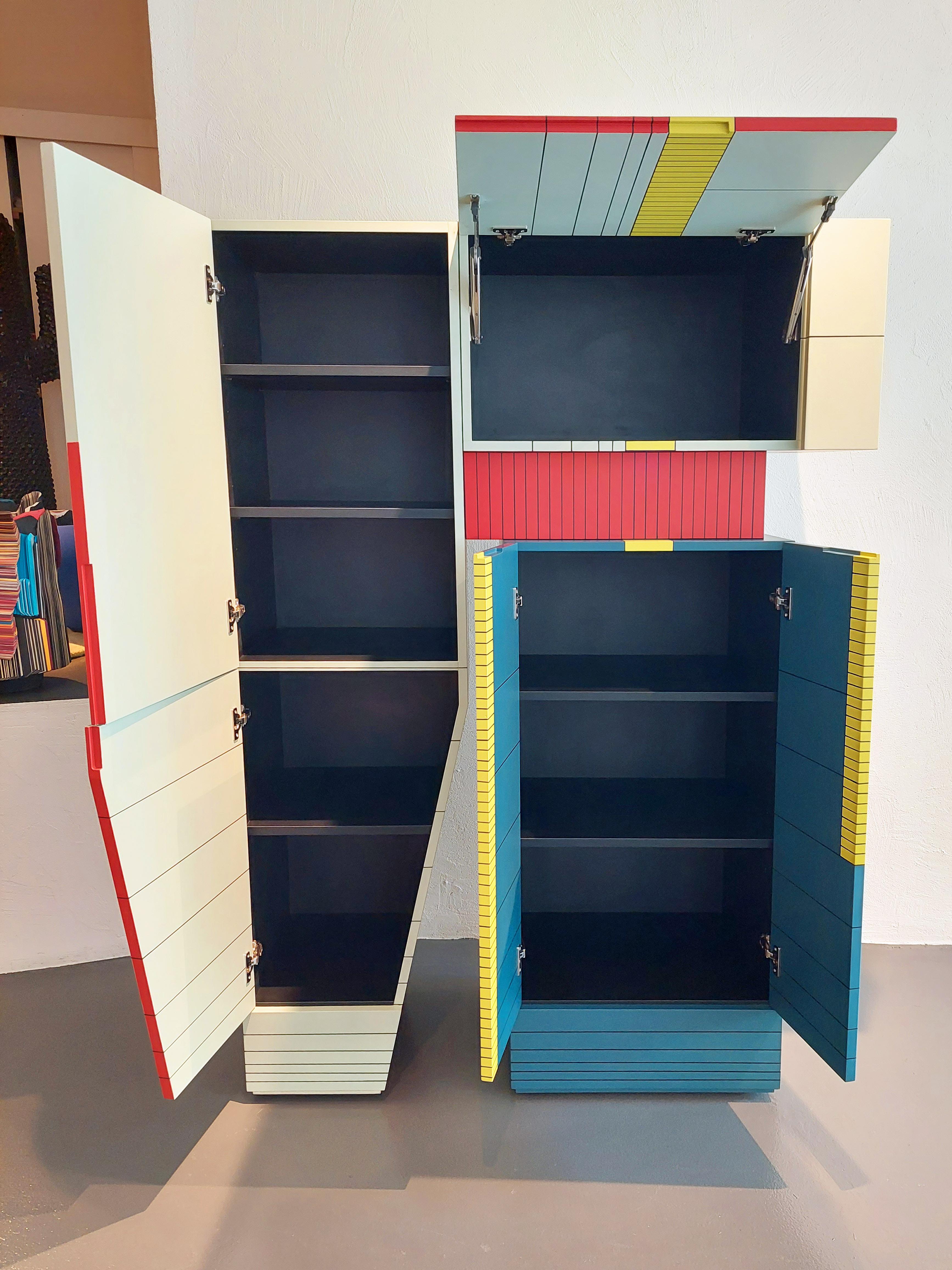 Acrylic Modern Handpainted Hardwood Tall Cabinet Storage Dilmos Colourful Geometric For Sale