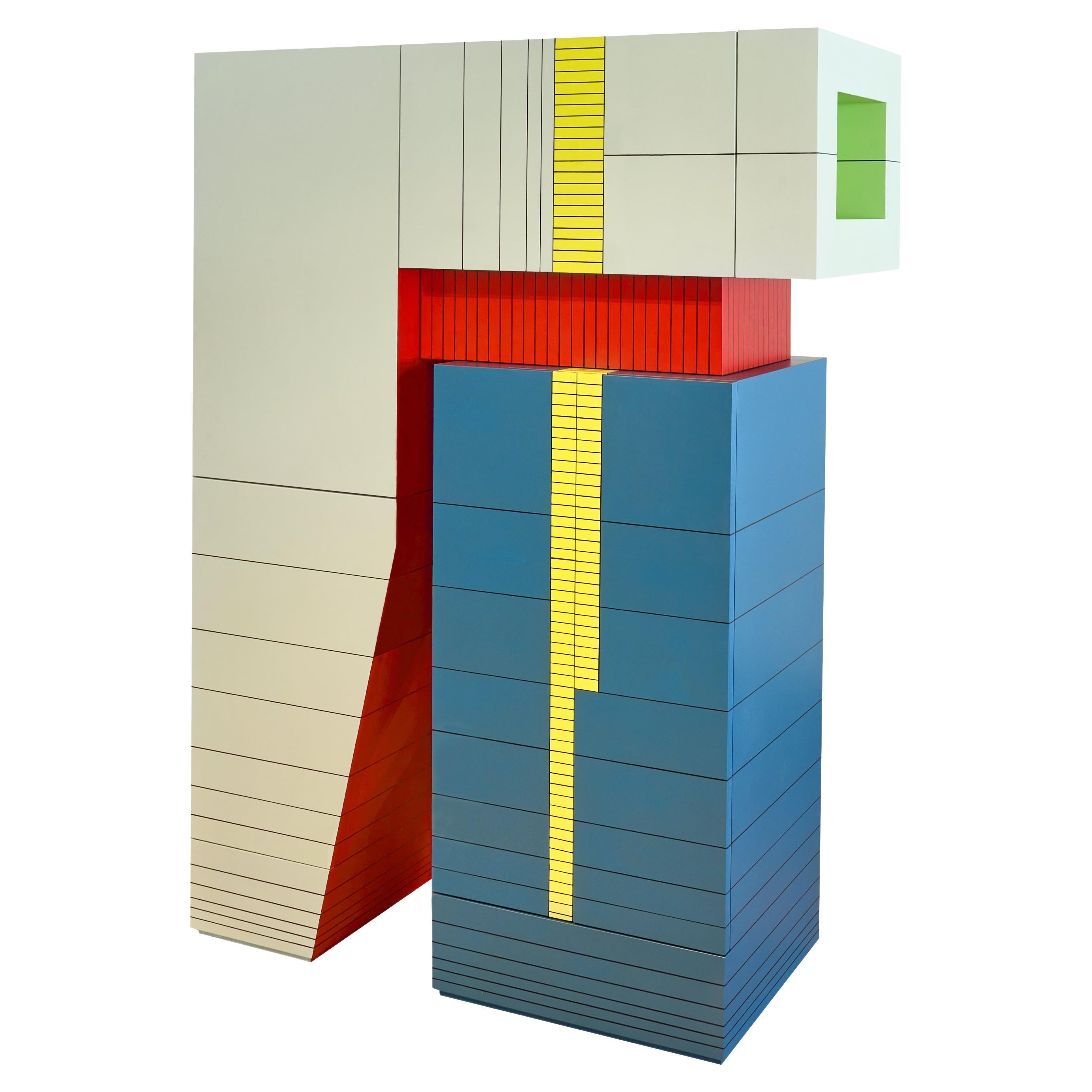 Grand meuble de rangement de rangement moderne en bois de feuillus peint à la main Dilmos coloré géométrique en vente