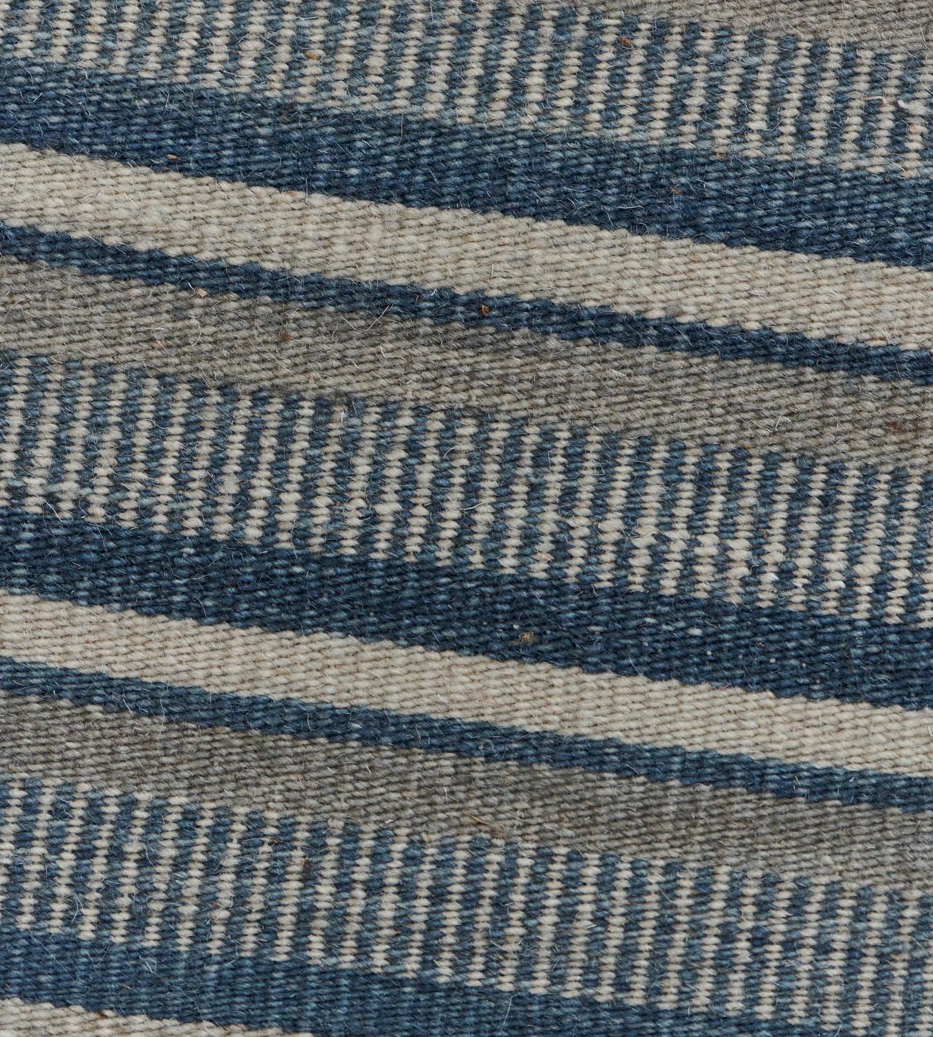 Hand-Knotted Modern Handwoven Blue Striped Flatweave Rug For Sale