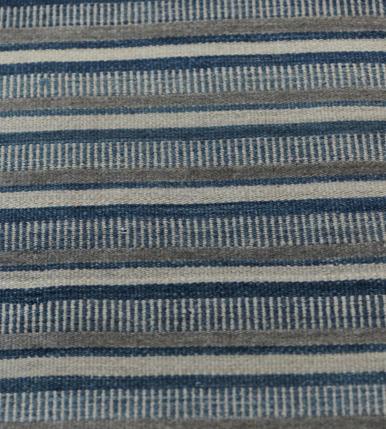 Modern Handwoven Blue Striped Flatweave Rug In New Condition For Sale In West Hollywood, CA