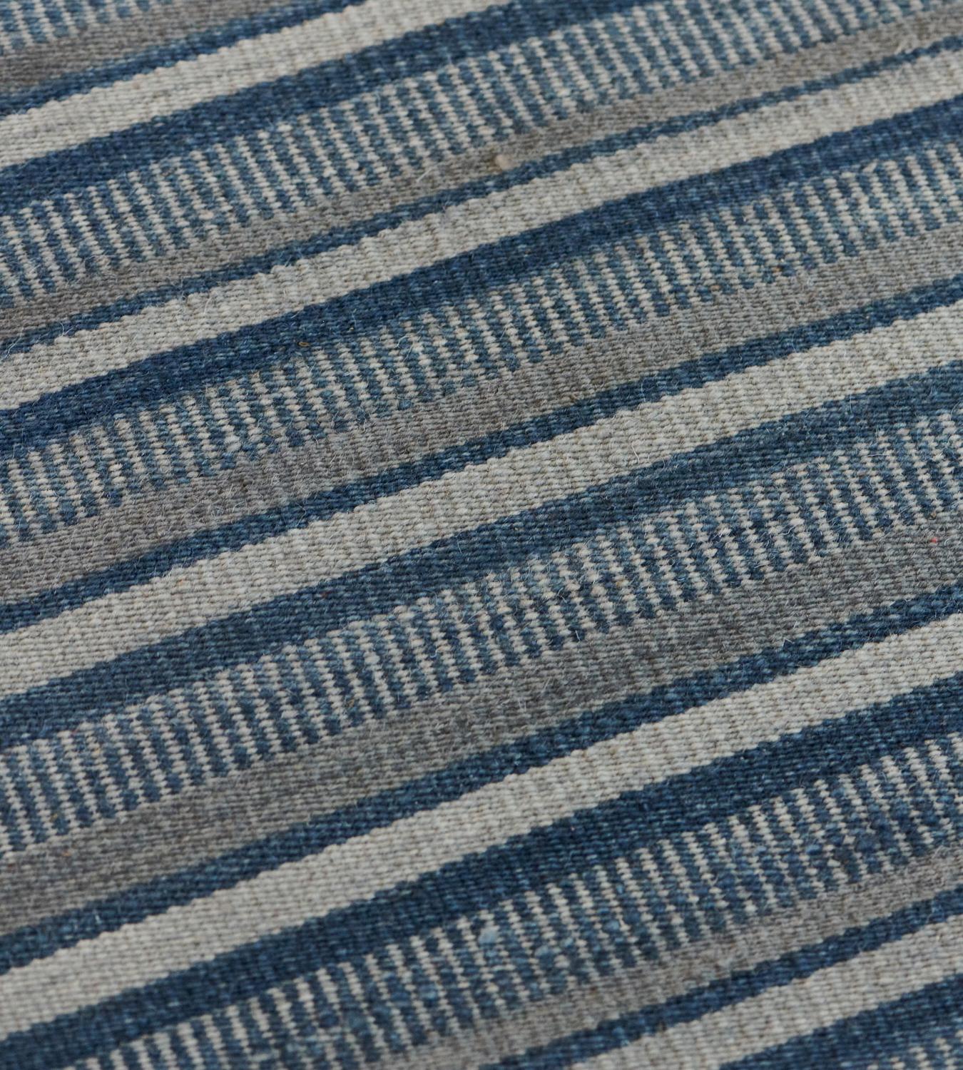 Contemporary Modern Handwoven Blue Striped Flatweave Rug For Sale