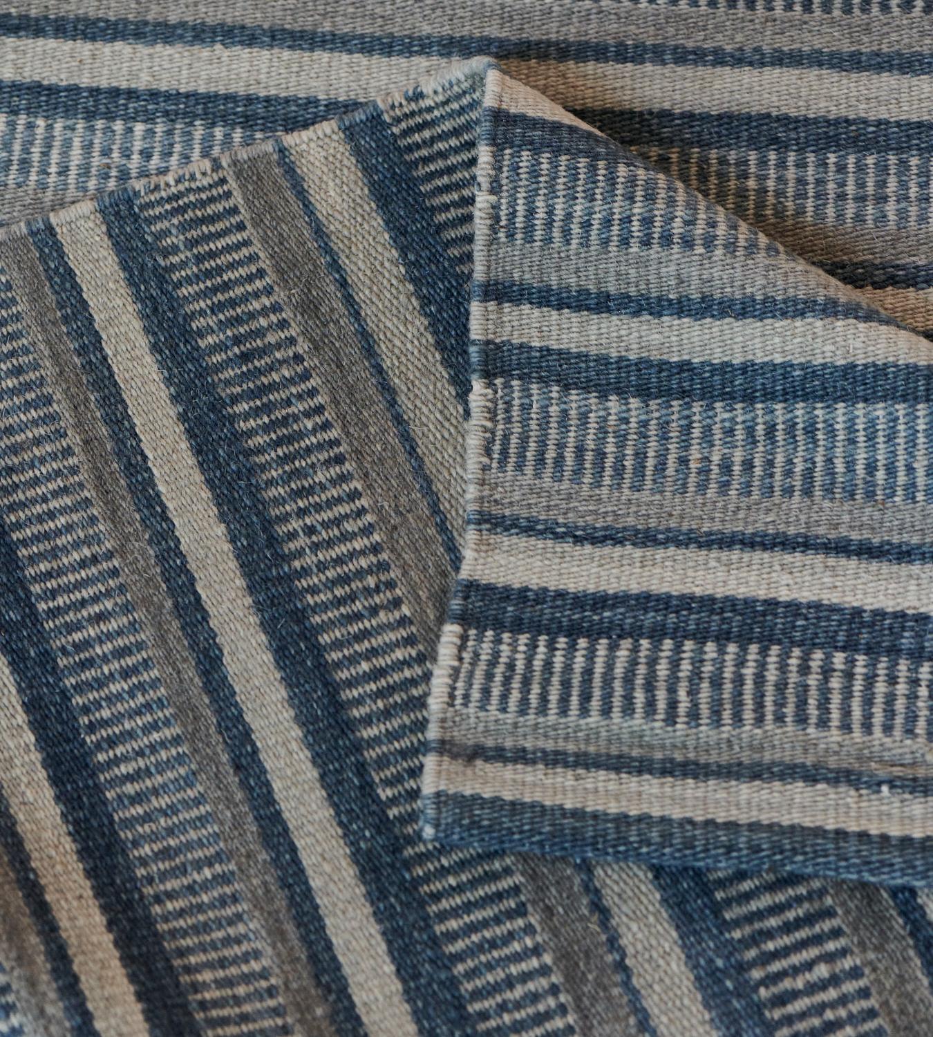 Wool Modern Handwoven Blue Striped Flatweave Rug For Sale