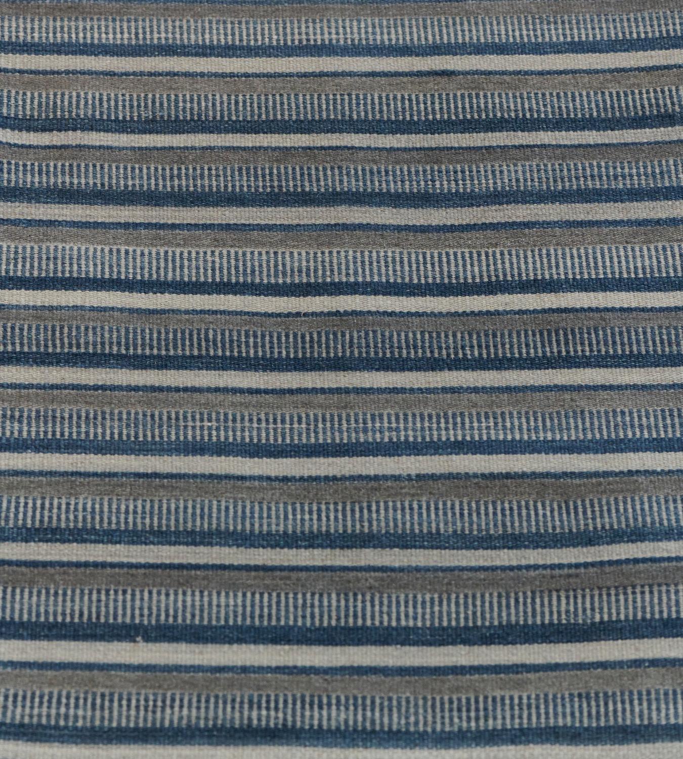 Modern Handwoven Blue Striped Flatweave Rug For Sale 1