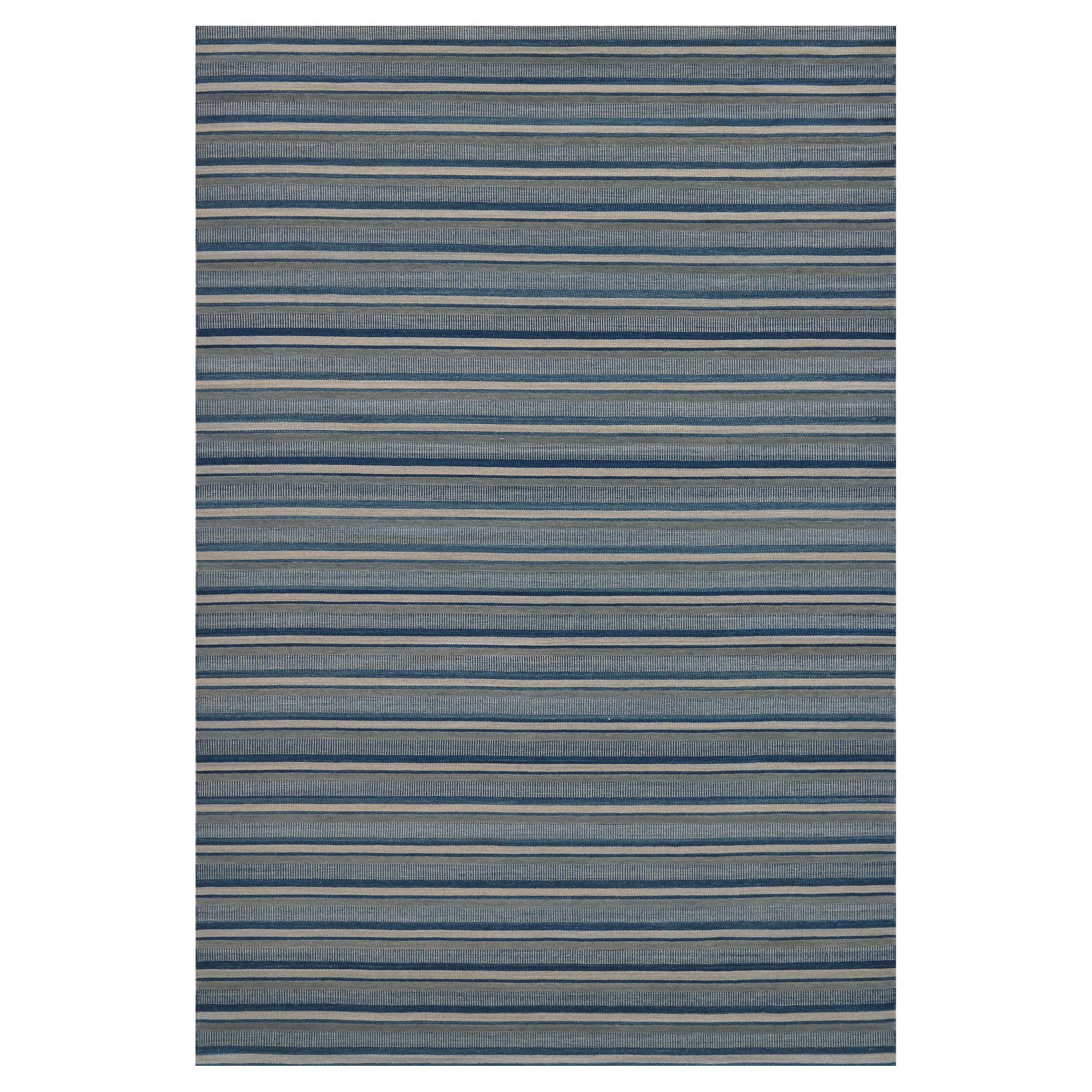 Modern Handwoven Blue Striped Flatweave Rug For Sale