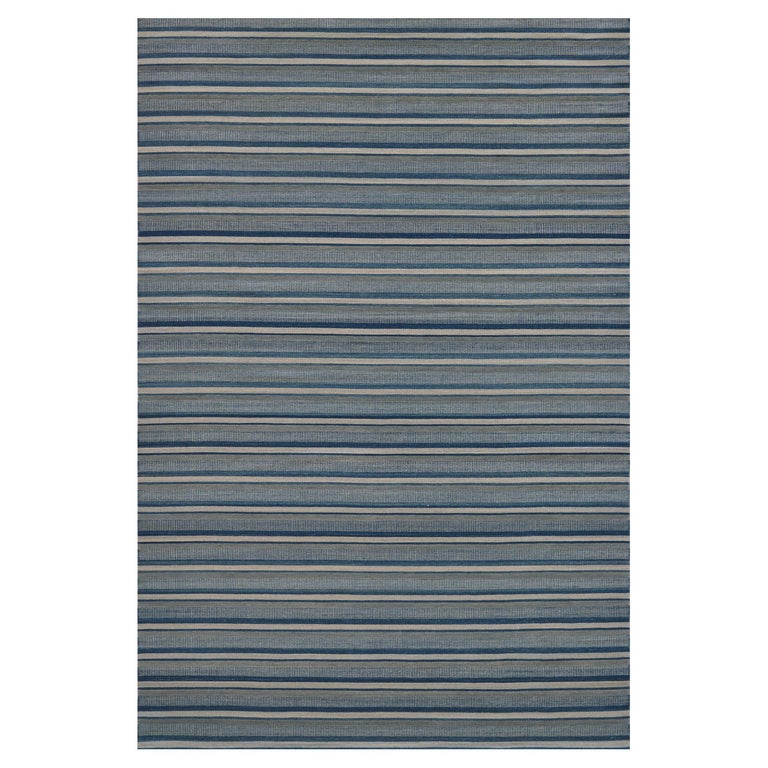 Modern Handwoven Blue Striped Flatweave Rug For Sale at 1stDibs