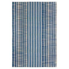 Modern Handwoven Flatweave from Iran — Natural Wool in Blue Striped Design
