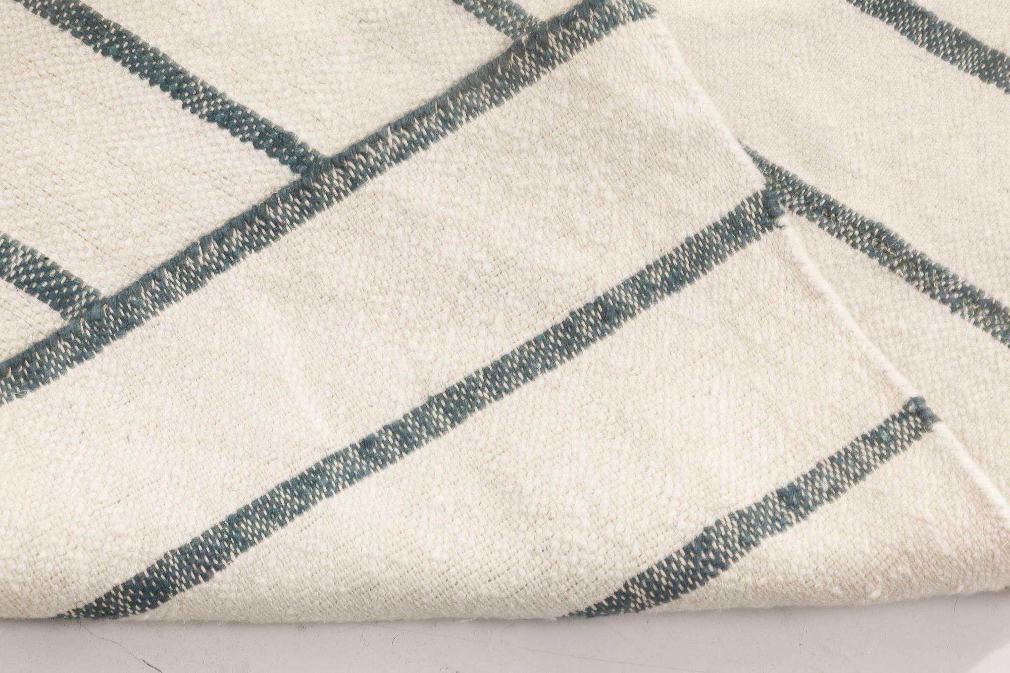 Contemporary Modern Handwoven Indian Dhurrie Runner in Ivory with Indigo by Doris Leslie Blau For Sale