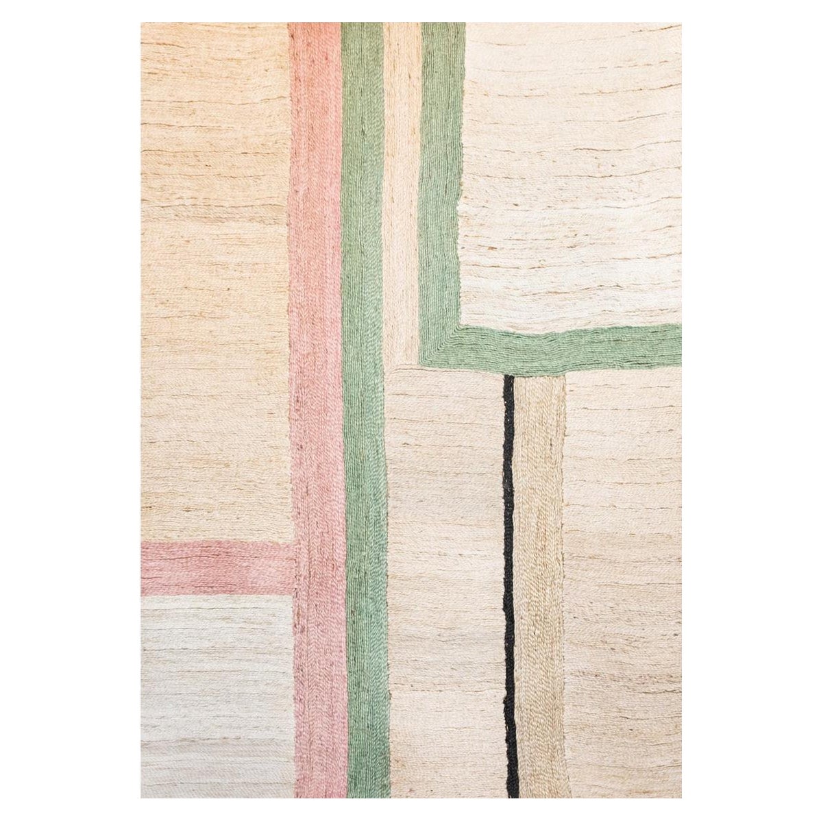 Tapis de jute moderne tissé à la main en noir, rose, vert et blanc, de forme géométrique
