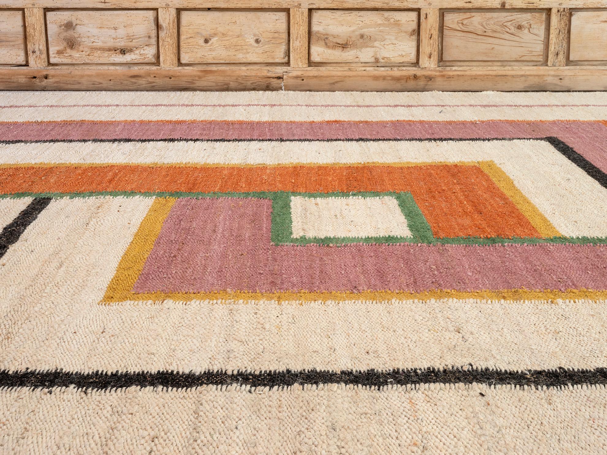 Modern Handwoven Jute Carpet Rug Kilim in Ivory Black Orange Pink Scrabble In New Condition For Sale In Madrid, ES