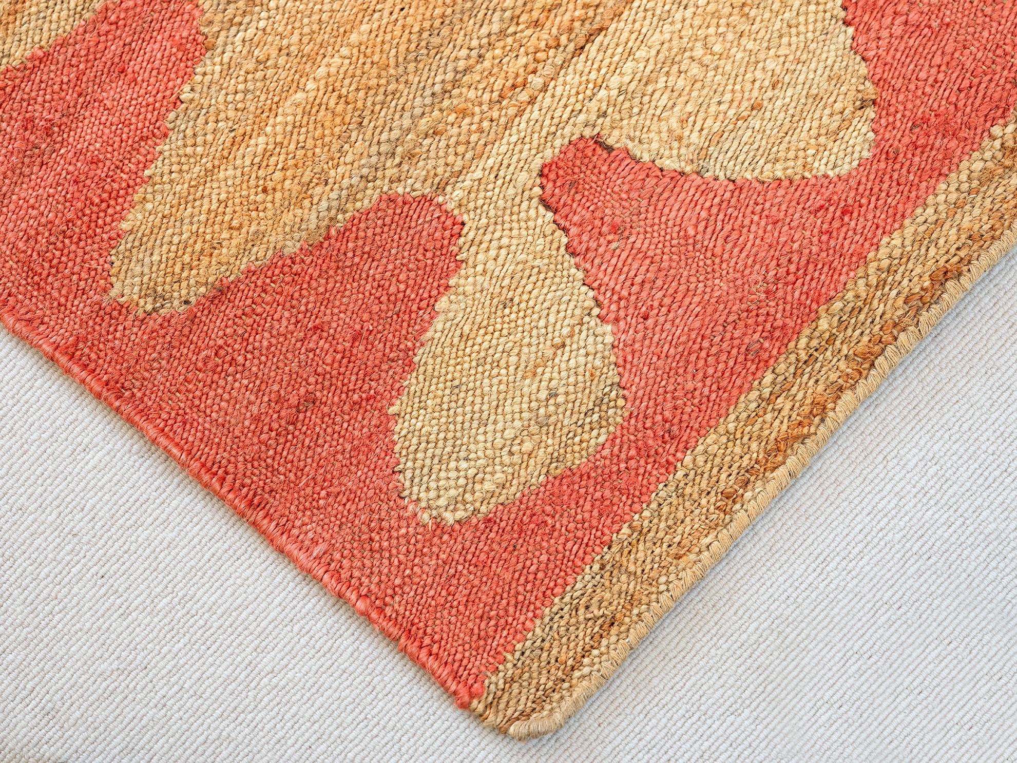 Indian Modern Handwoven Jute Carpet Rug Kilim in Natural & Coral For Sale
